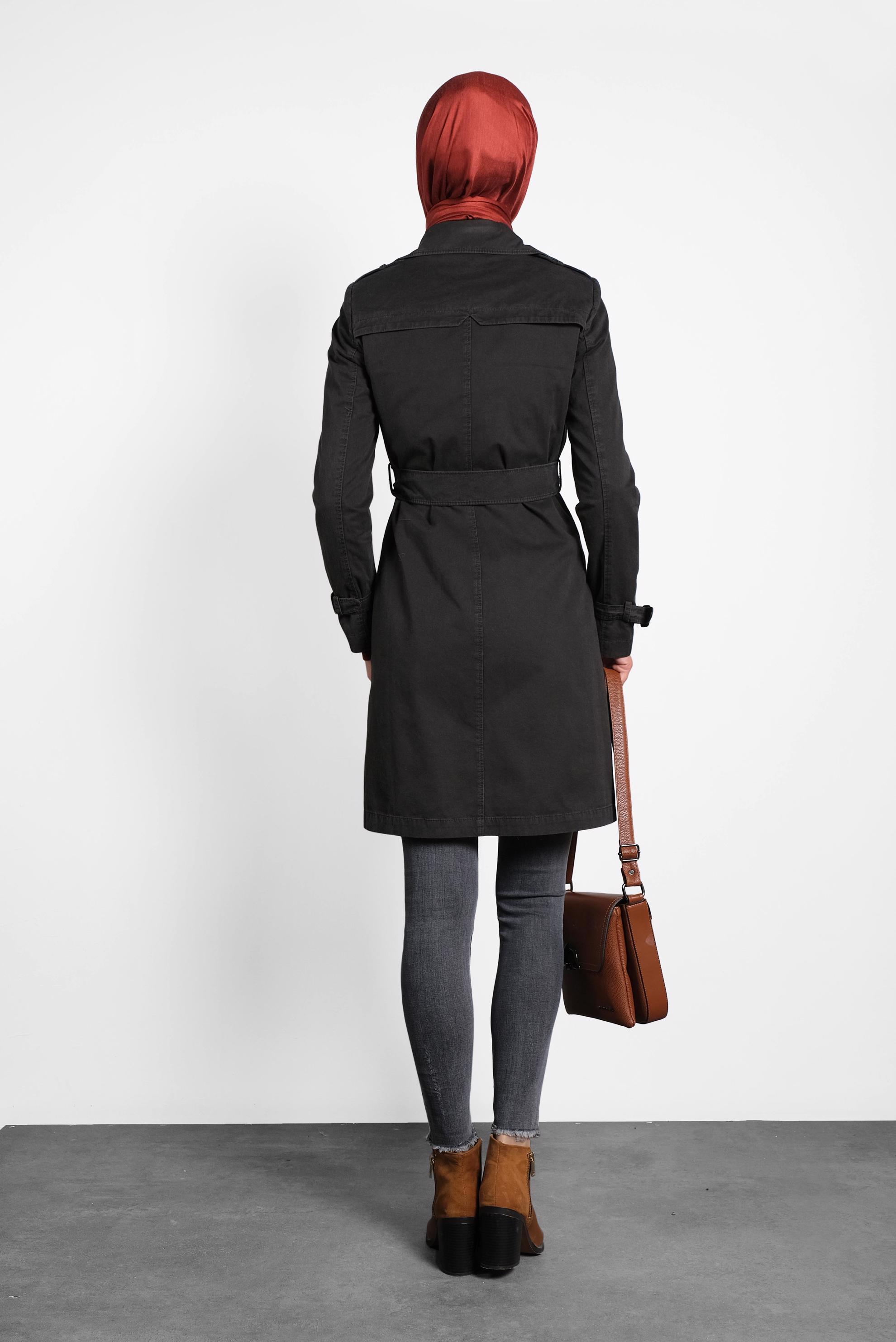 Tesettür giyim KAHVE PAMUKLU KRUVAZE TRENÇKOT 1427