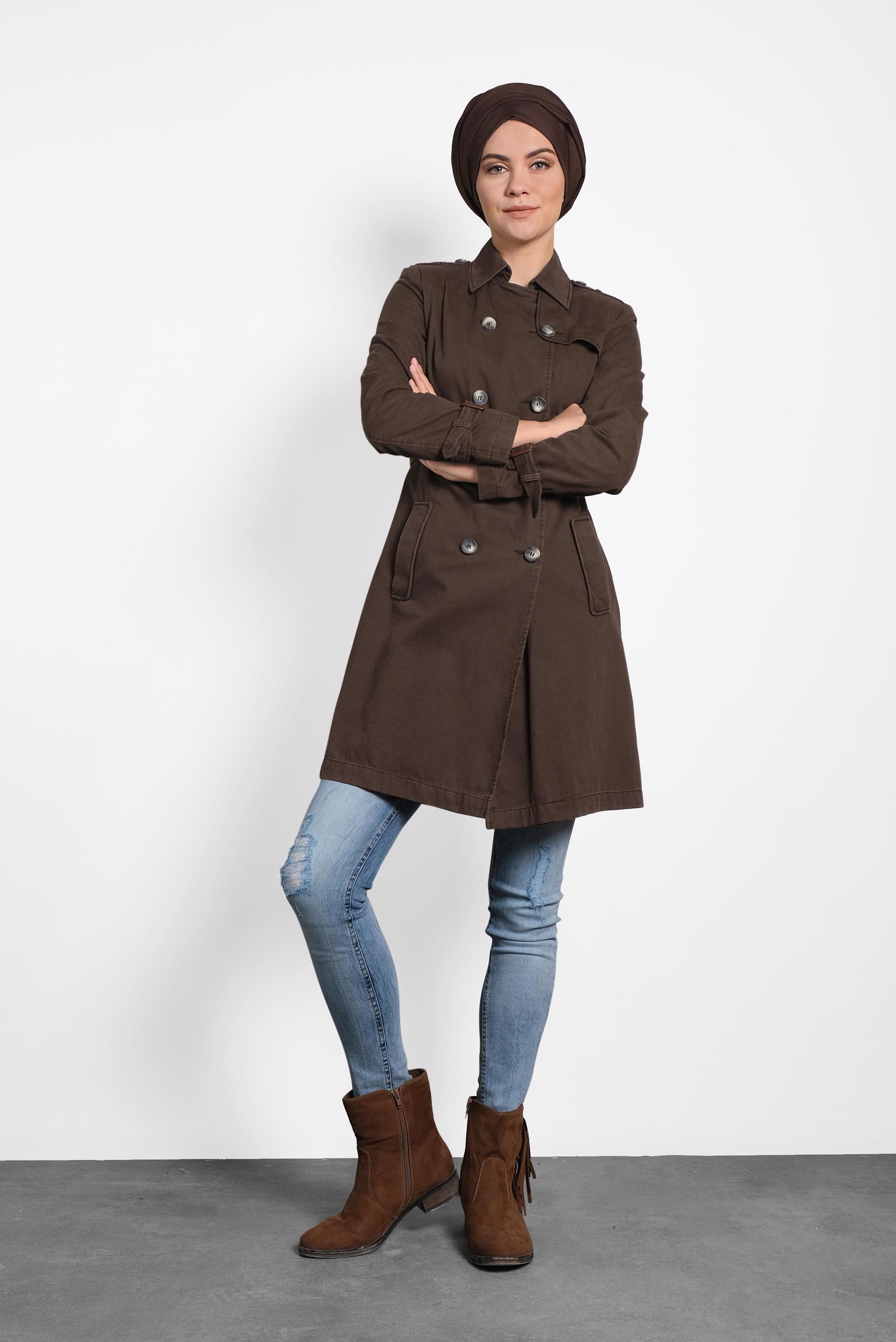 Tesettür giyim KAHVE PAMUKLU KRUVAZE TRENÇKOT 1427