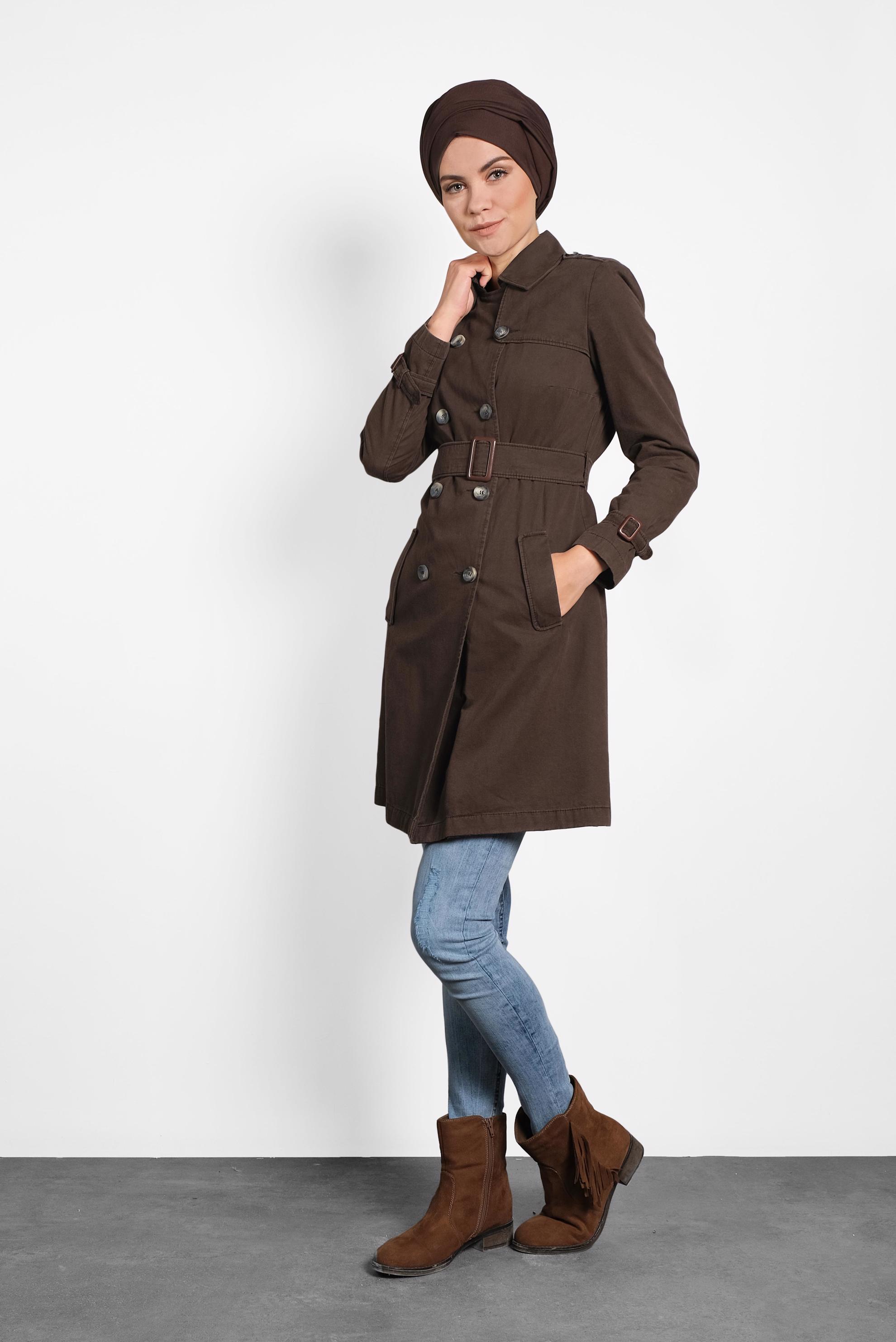 Tesettür giyim KAHVE PAMUKLU KRUVAZE TRENÇKOT 1427