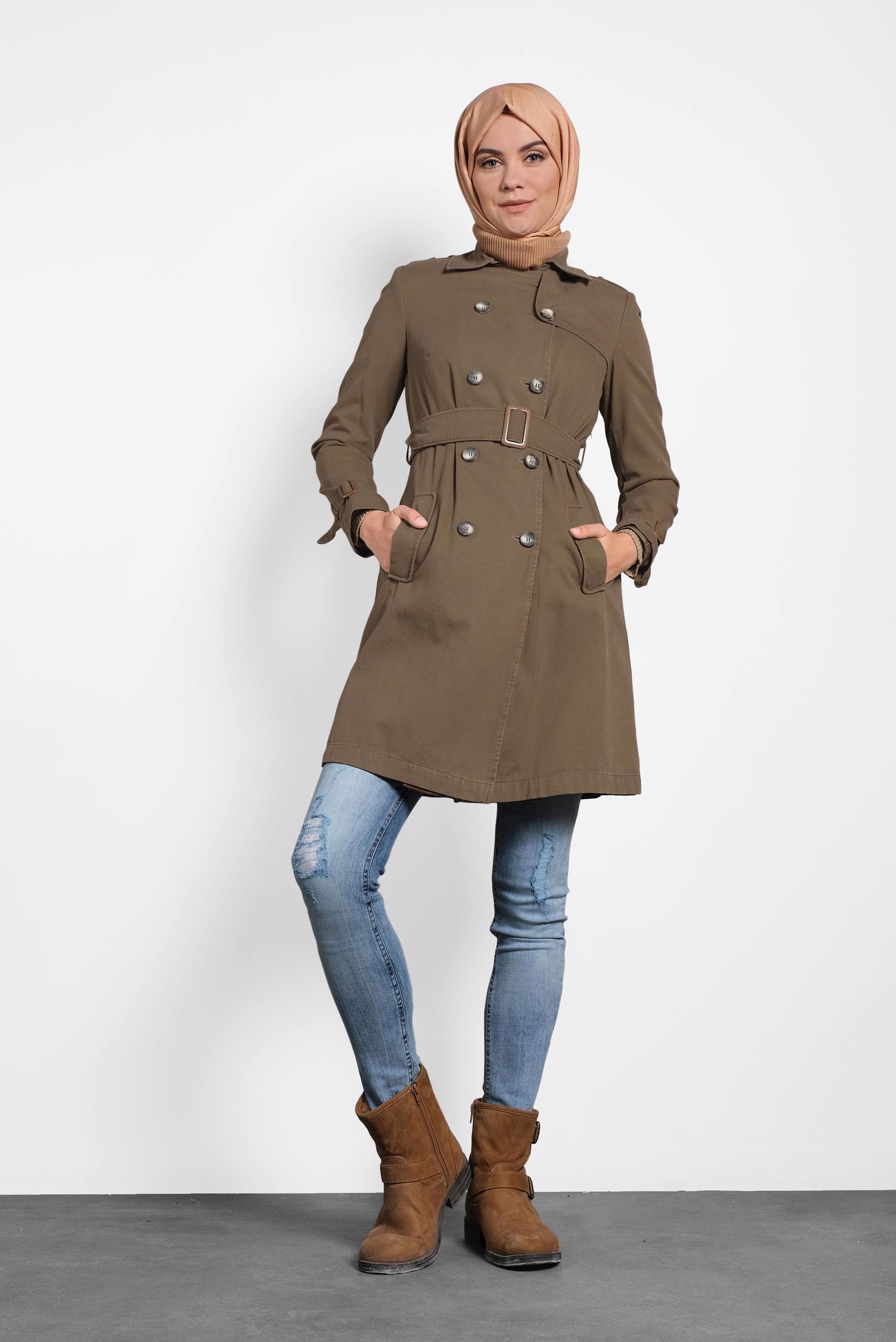 Tesettür giyim KAHVE PAMUKLU KRUVAZE TRENÇKOT 1427