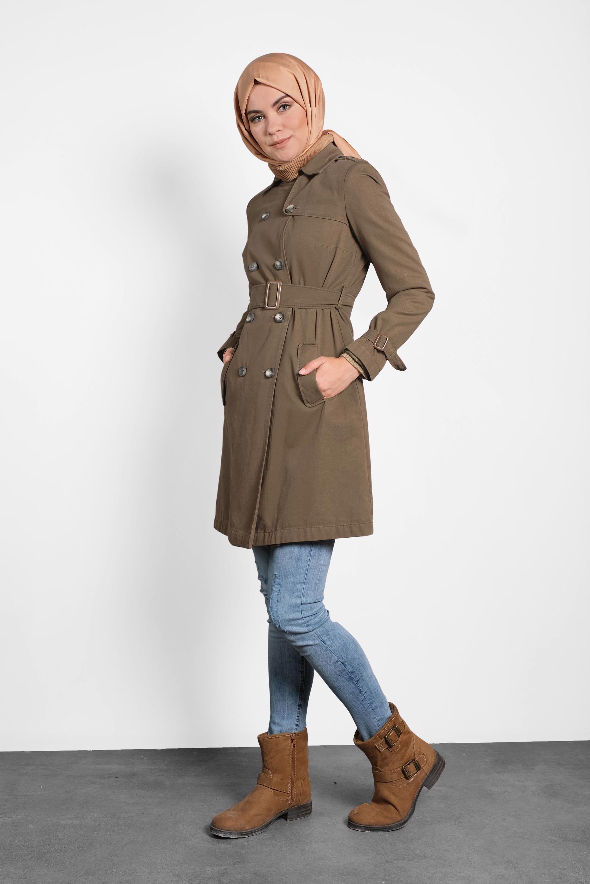 Tesettür giyim KAHVE PAMUKLU KRUVAZE TRENÇKOT 1427