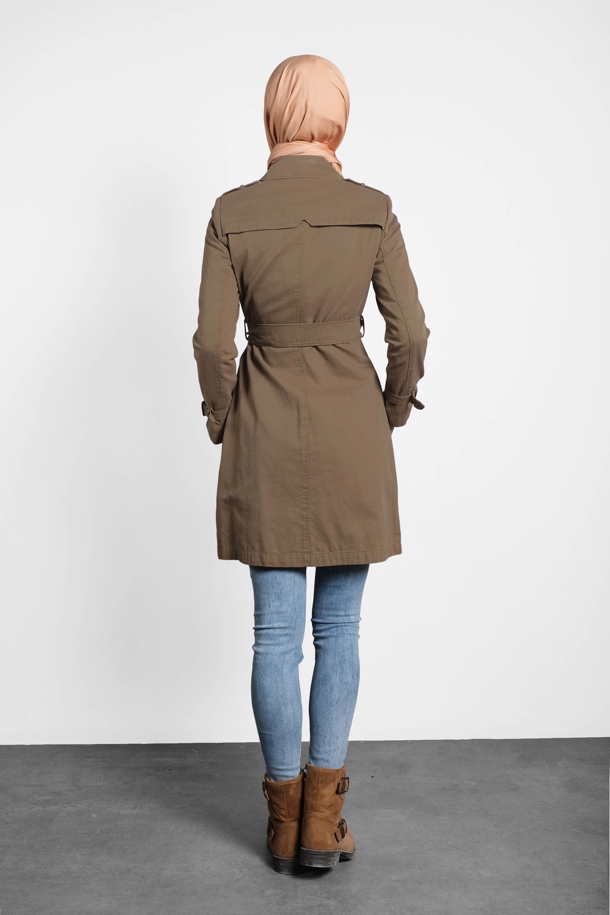 Tesettür giyim KAHVE PAMUKLU KRUVAZE TRENÇKOT 1427