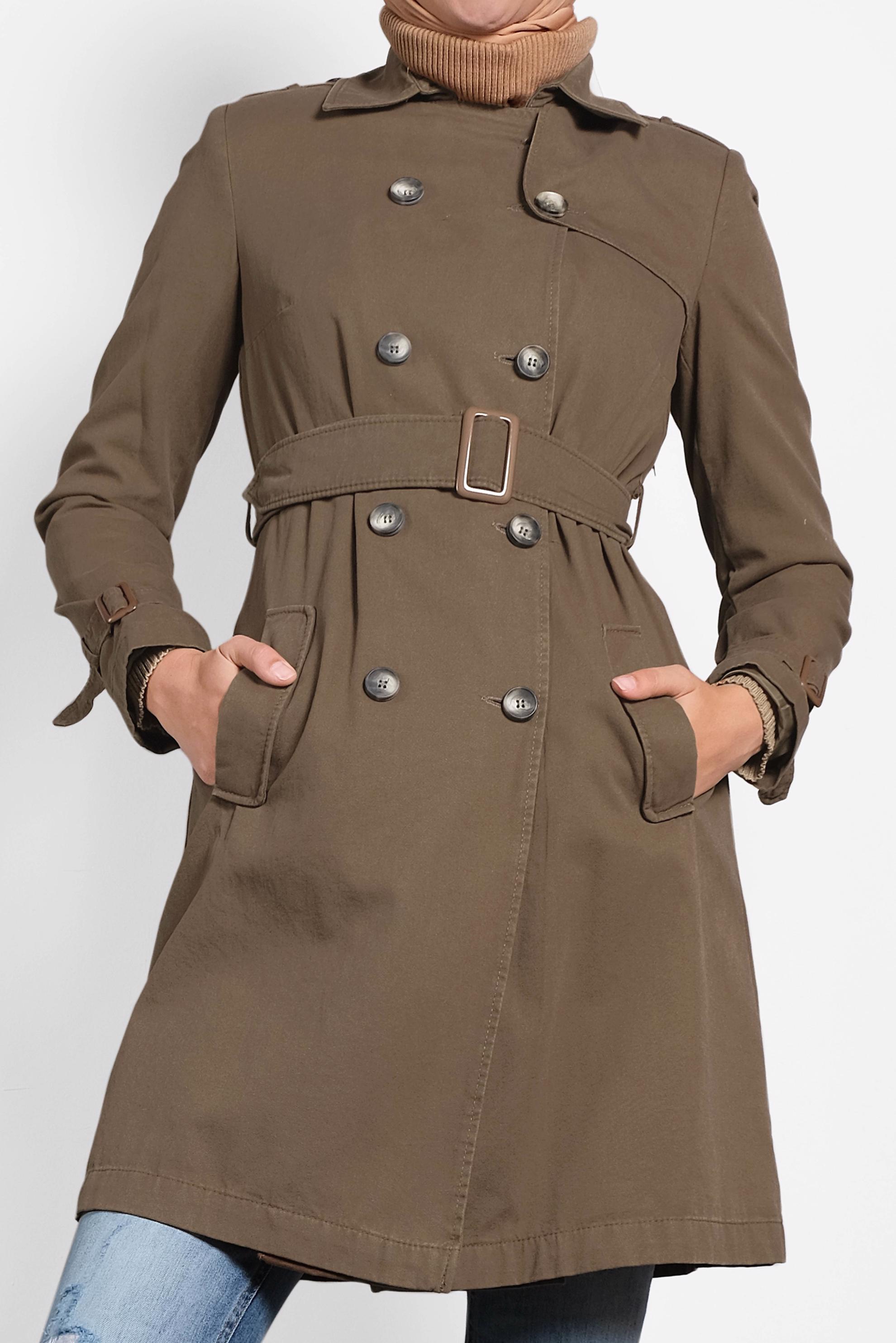 Tesettür giyim KAHVE PAMUKLU KRUVAZE TRENÇKOT 1427