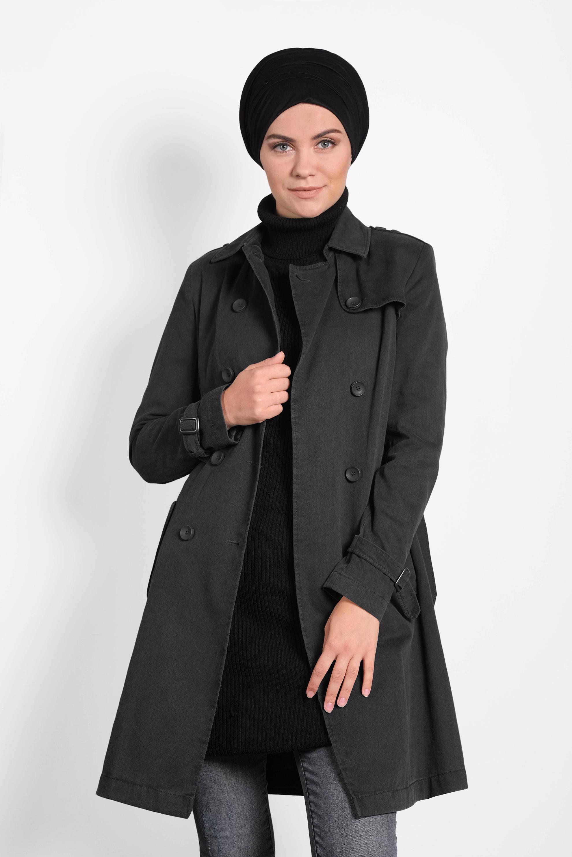 Tesettür giyim GRİ PAMUKLU KRUVAZE TRENÇKOT 1427