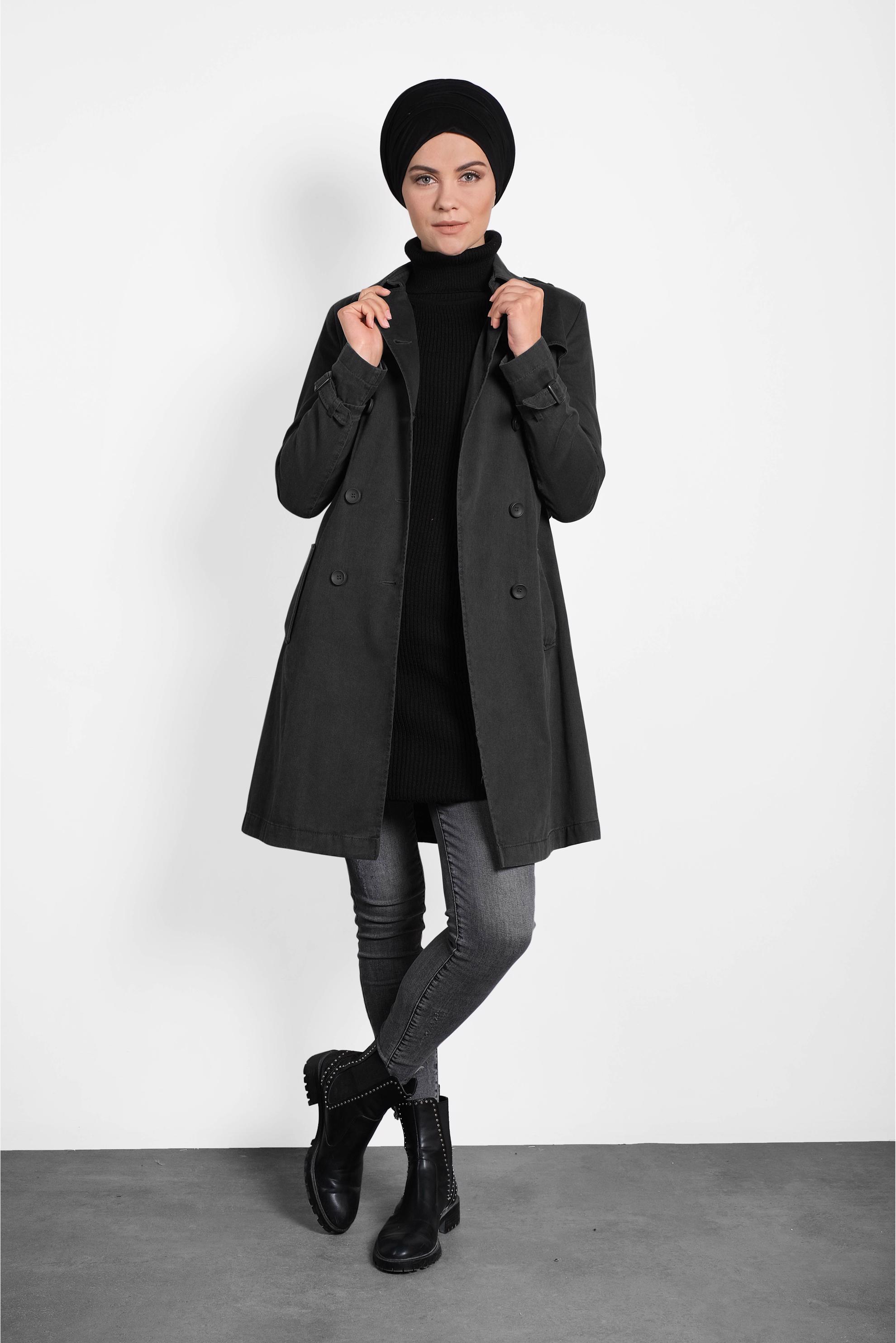 Tesettür giyim GRİ PAMUKLU KRUVAZE TRENÇKOT 1427