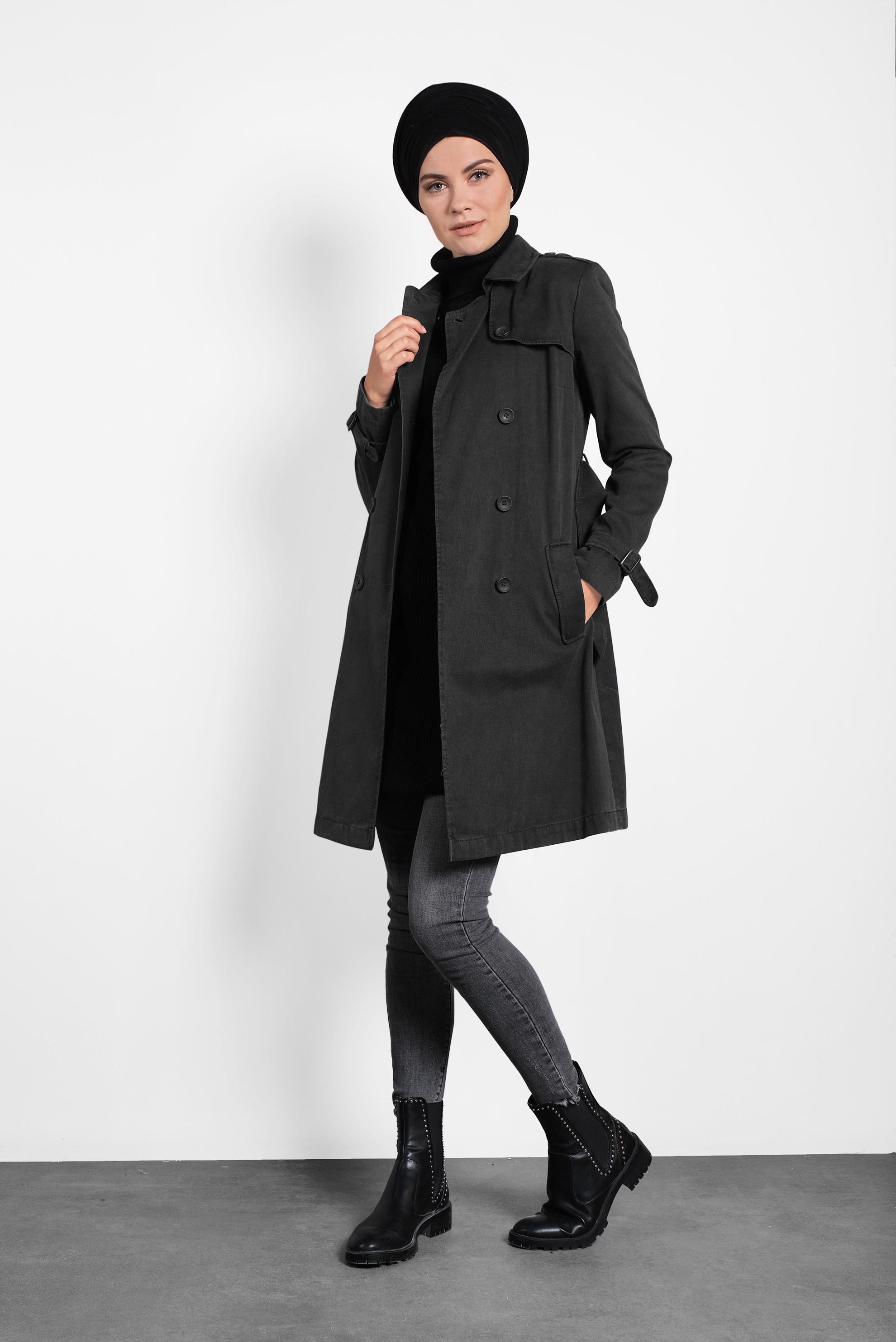 Tesettür giyim GRİ PAMUKLU KRUVAZE TRENÇKOT 1427