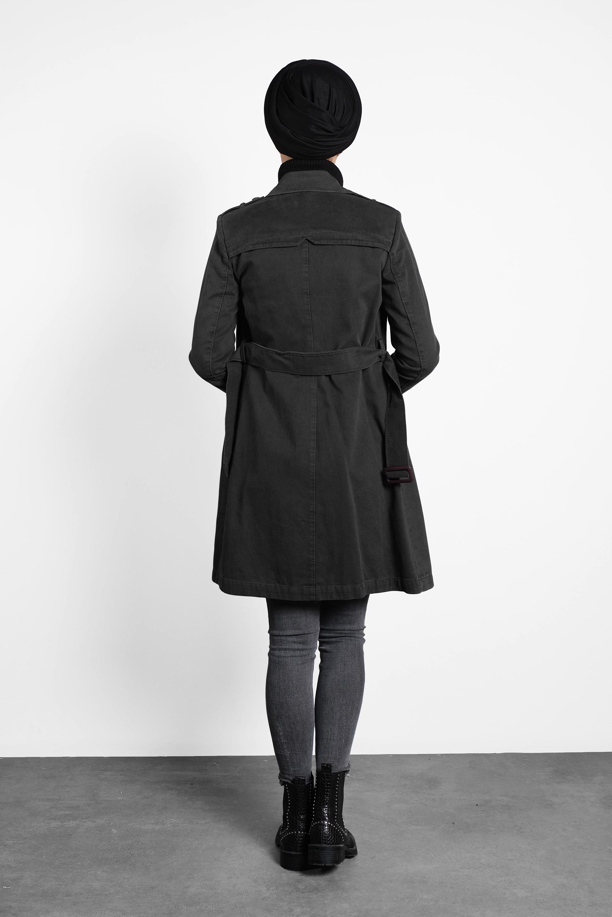 Tesettür giyim GRİ PAMUKLU KRUVAZE TRENÇKOT 1427