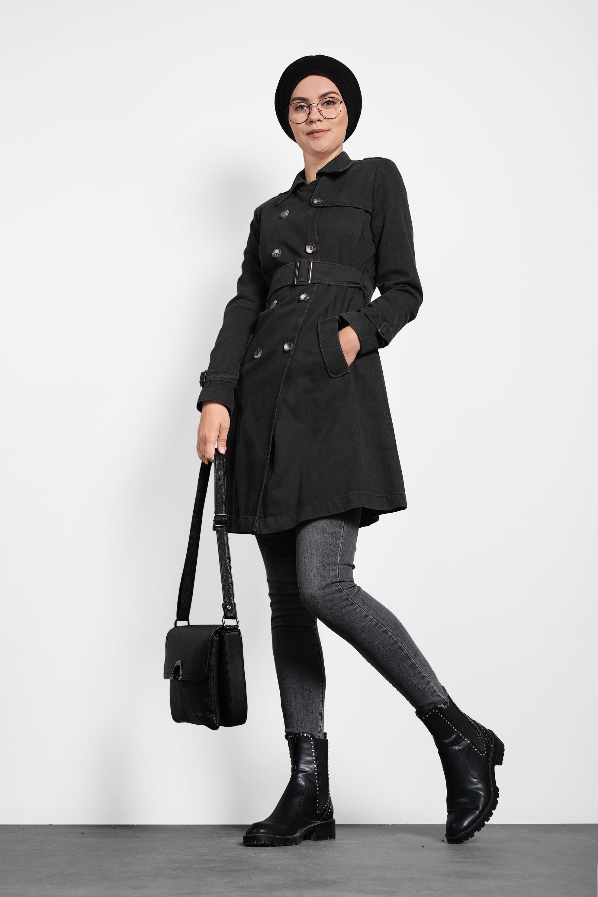 Tesettür giyim GRİ PAMUKLU KRUVAZE TRENÇKOT 1427