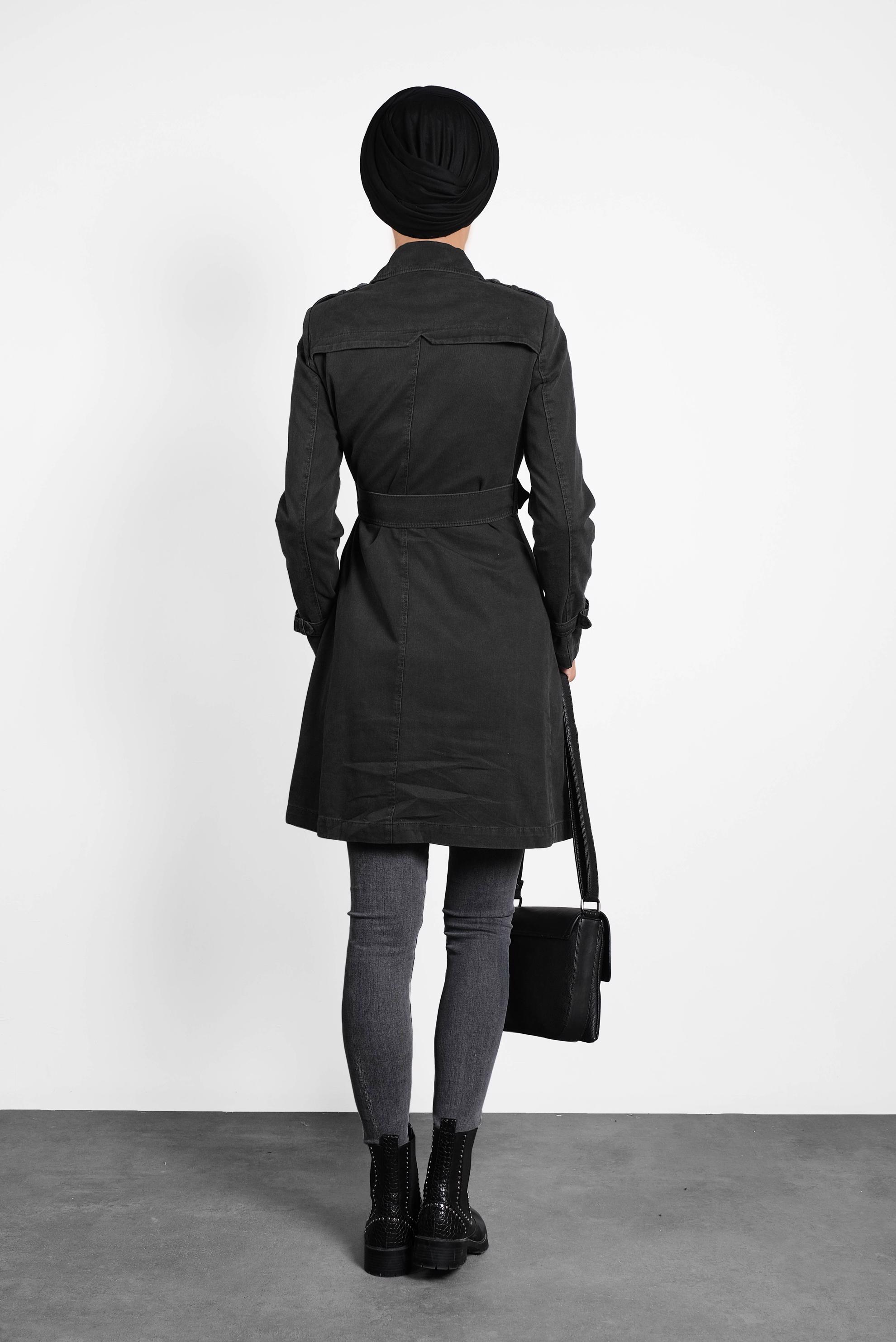 Tesettür giyim GRİ PAMUKLU KRUVAZE TRENÇKOT 1427