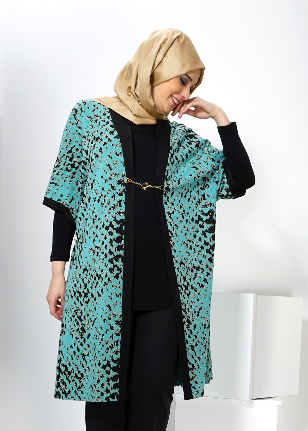 Vêtements hijab BLEU GILET EN TRICOT AGRAFE À DEVANT 2436 