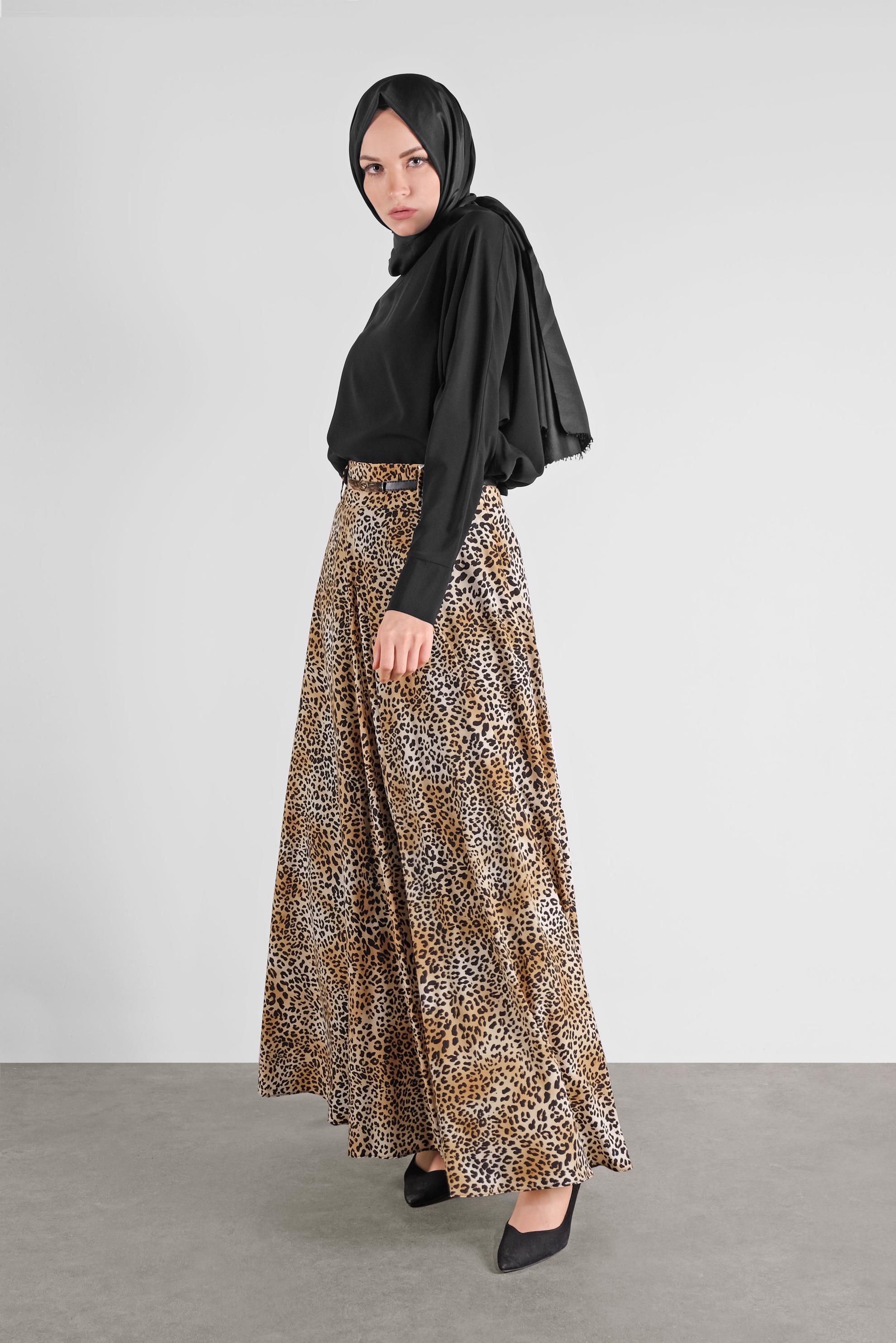Tesettür giyim SİYAH LEOPAR DESENLİ İKİLİ ETEKLİ TAKIM 41289 