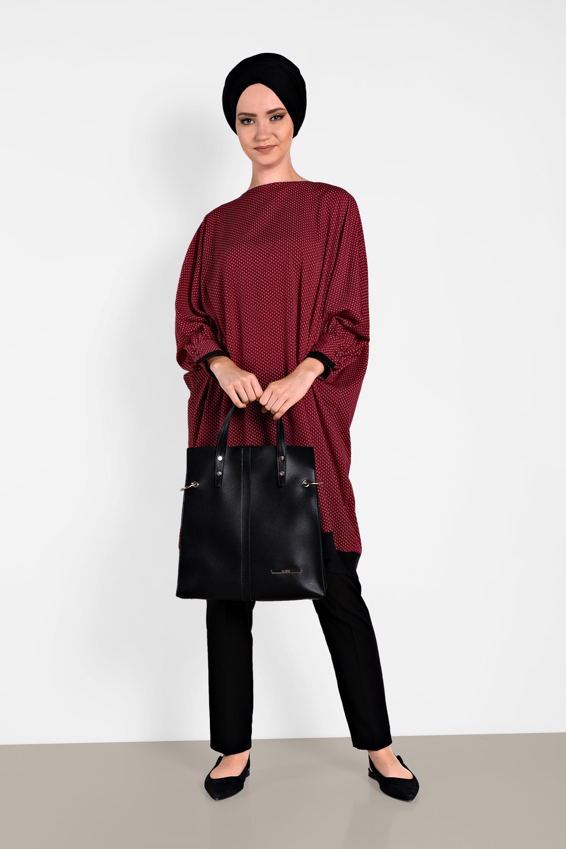 Tesettür giyim BORDO ARKASI DÜĞME DETAYLI TUNİK 4508 