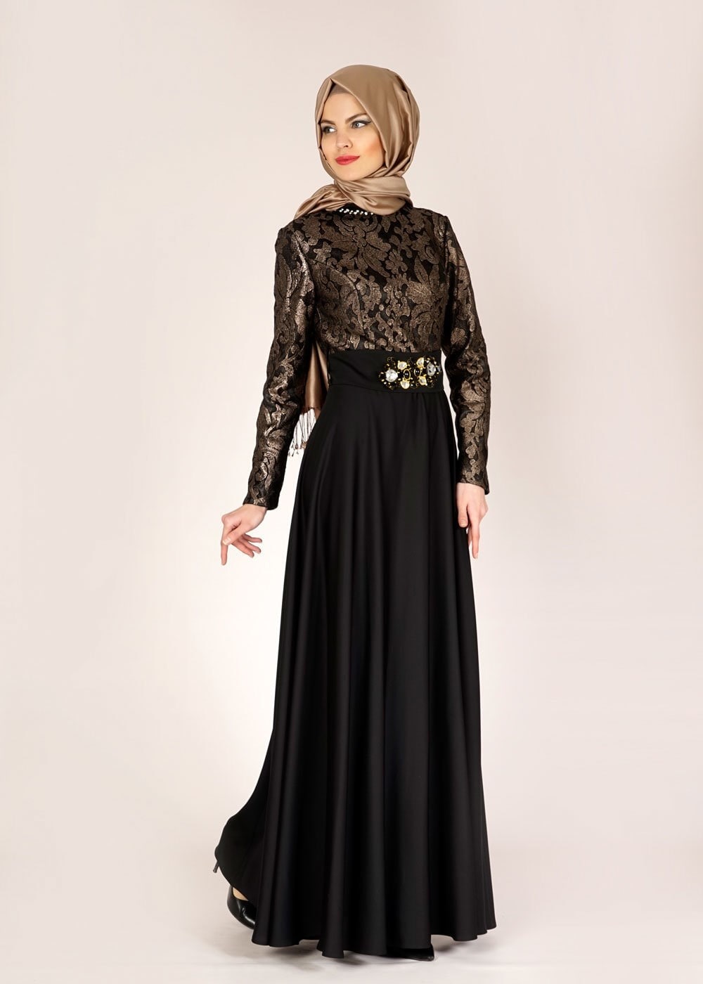 Tesettür giyim SİYAH TAŞ DETAYLI ABİYE ELBİSE 5009
