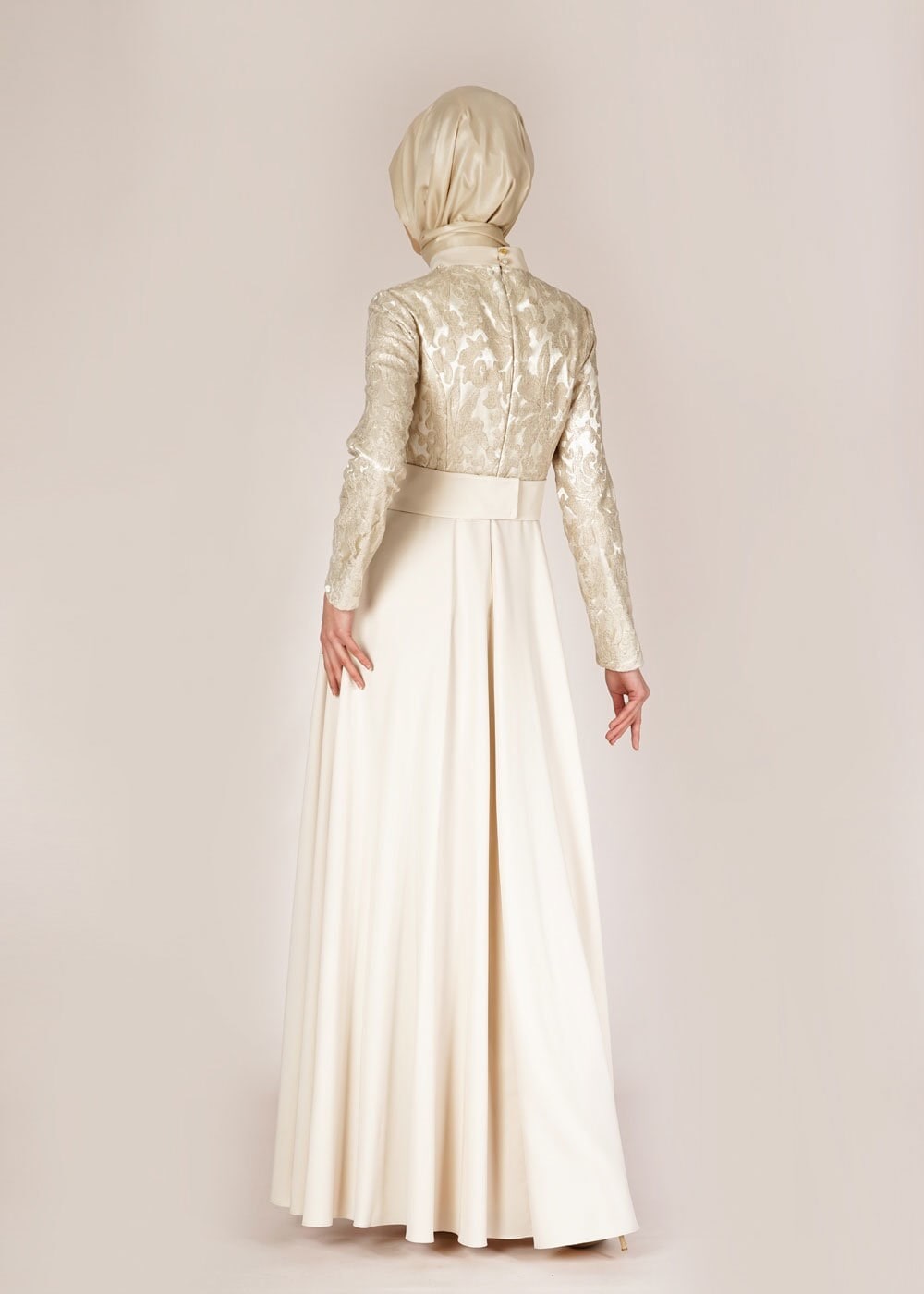 Tesettür giyim EKRU TAŞ DETAYLI ABİYE ELBİSE 5009