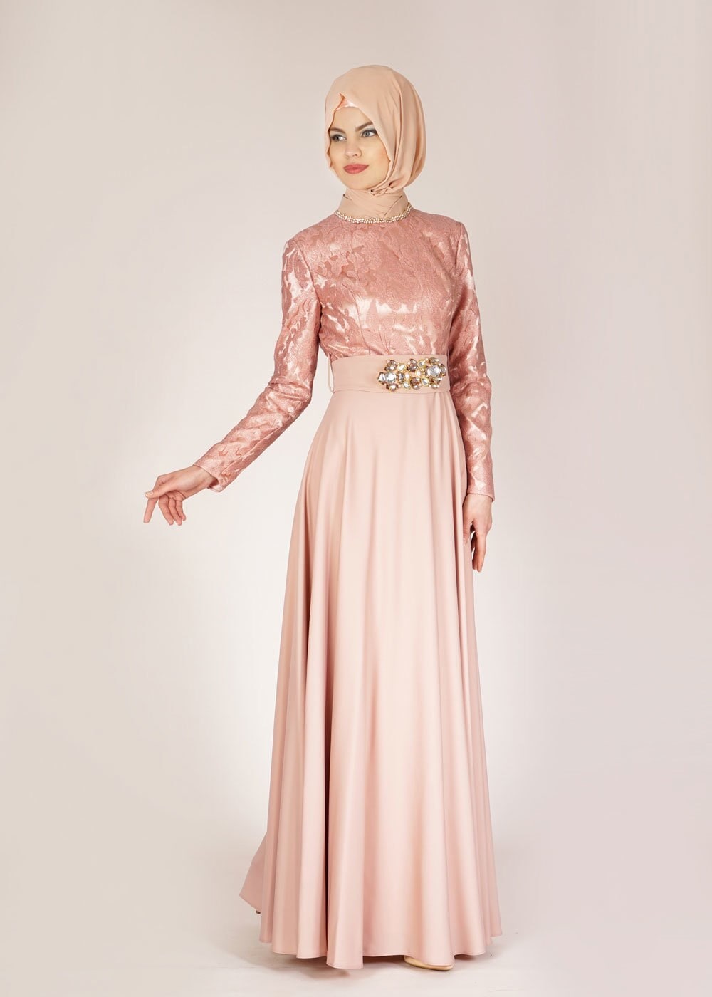 Tesettür giyim PUDRA TAŞ DETAYLI ABİYE ELBİSE 5009