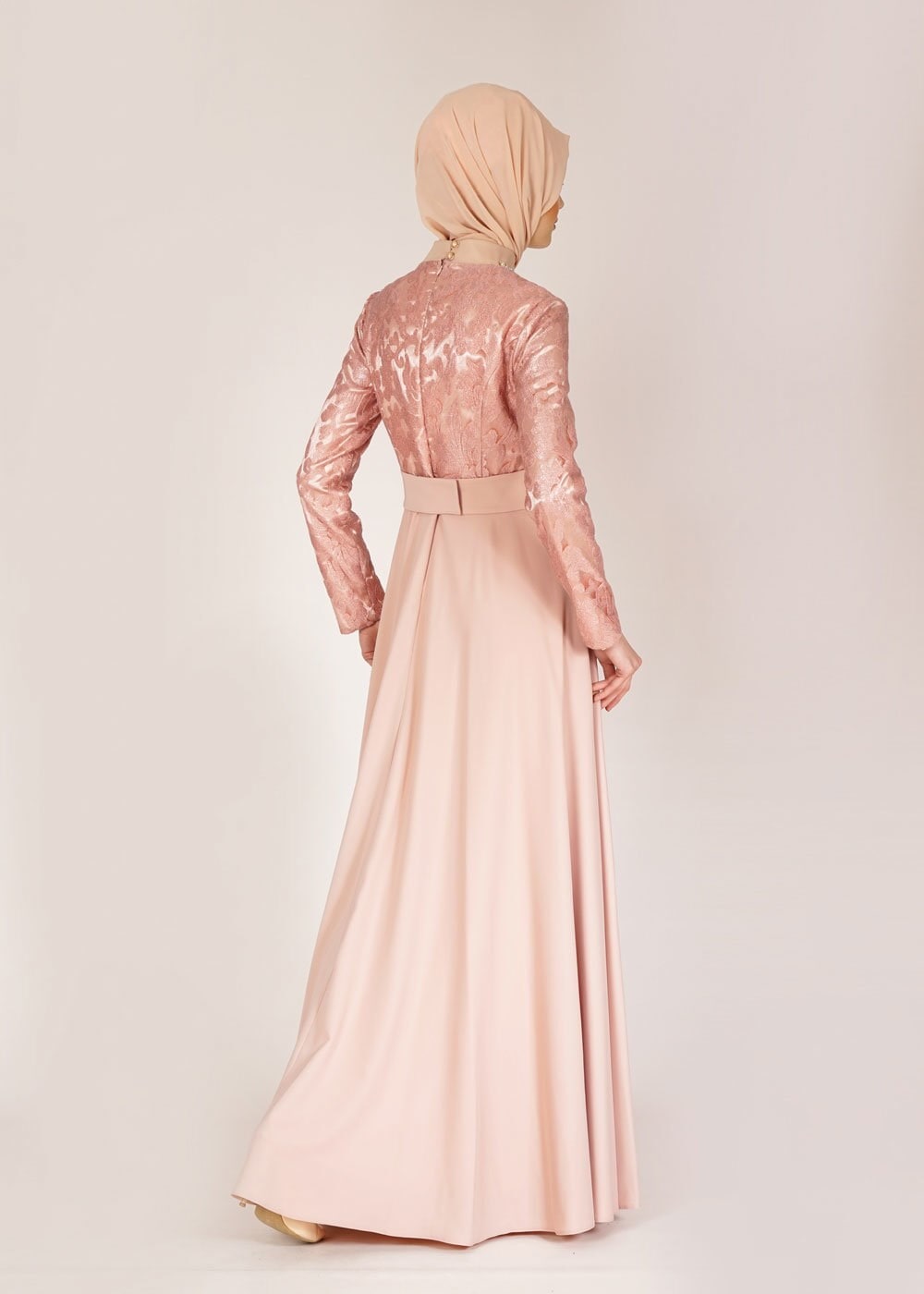 Tesettür giyim PUDRA TAŞ DETAYLI ABİYE ELBİSE 5009