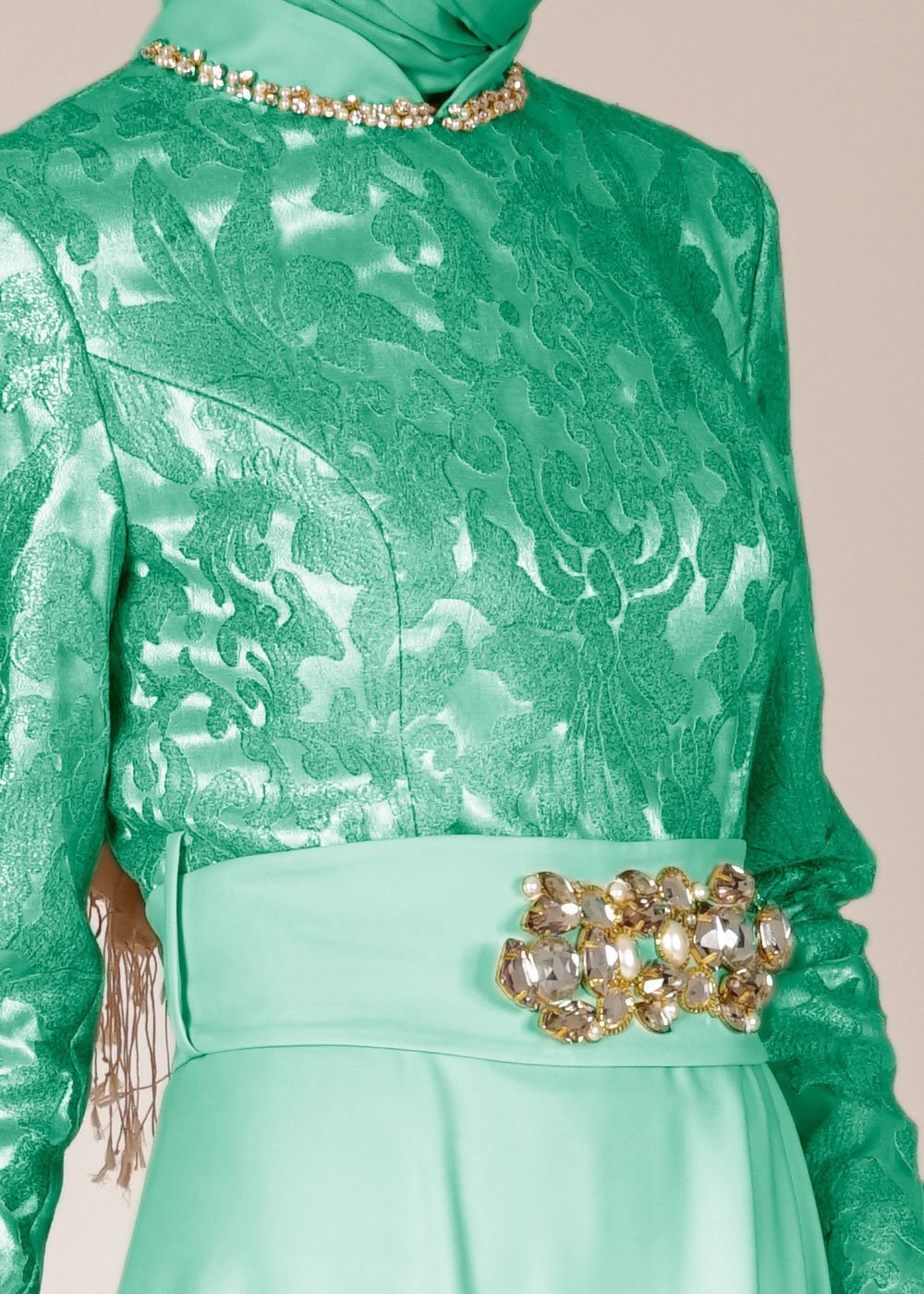 Tesettür giyim YEŞİL TAŞ DETAYLI ABİYE ELBİSE 5009