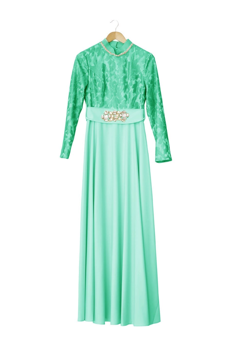 Tesettür giyim YEŞİL TAŞ DETAYLI ABİYE ELBİSE 5009