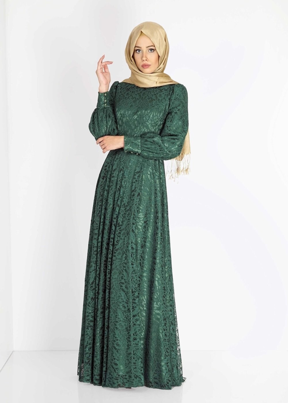 Tesettür giyim YEŞİL 5010 Anastasia Dantel Tesettür Abiye
