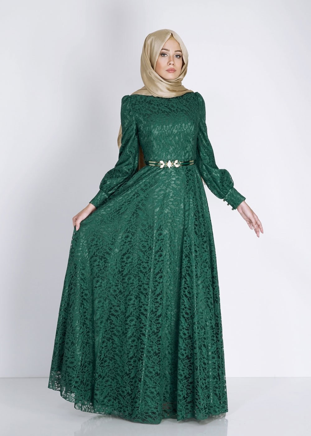 Tesettür giyim YEŞİL 5010 Anastasia Dantel Tesettür Abiye