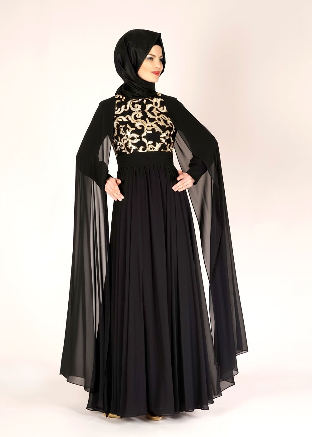 Tesettür giyim SİYAH PUL İŞLEME DETAYLI TÜLLÜ ABİYE ELBİSE 5014 