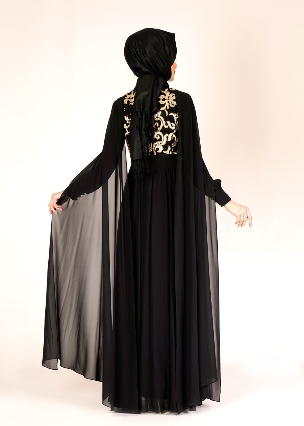 Tesettür giyim SİYAH PUL İŞLEME DETAYLI TÜLLÜ ABİYE ELBİSE 5014 