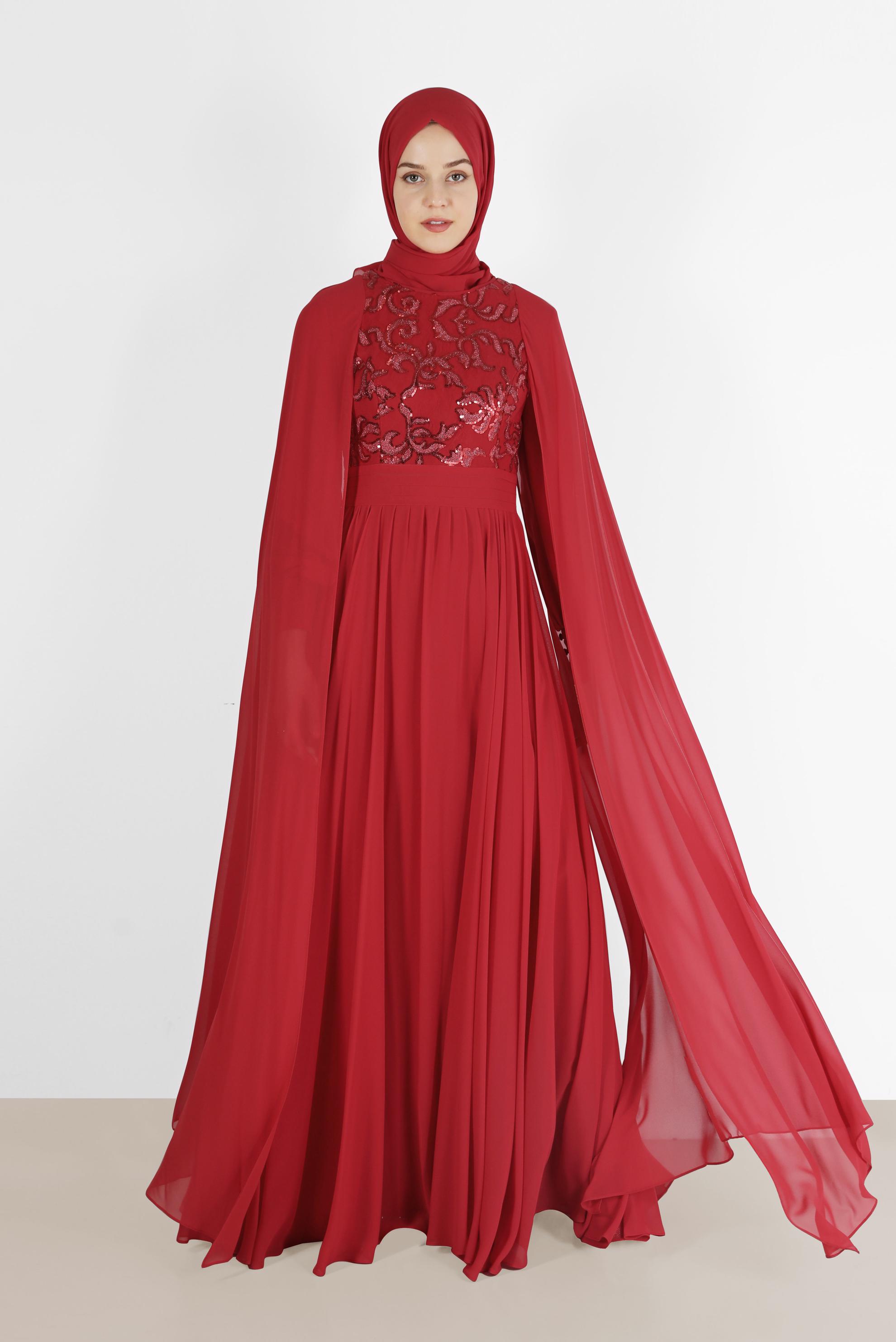 Tesettür giyim BORDO PUL İŞLEME DETAYLI TÜLLÜ ABİYE ELBİSE 5014 