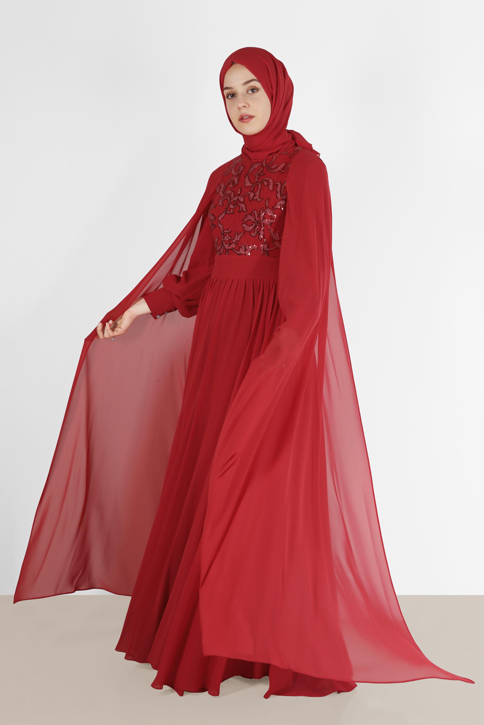 Tesettür giyim BORDO PUL İŞLEME DETAYLI TÜLLÜ ABİYE ELBİSE 5014 