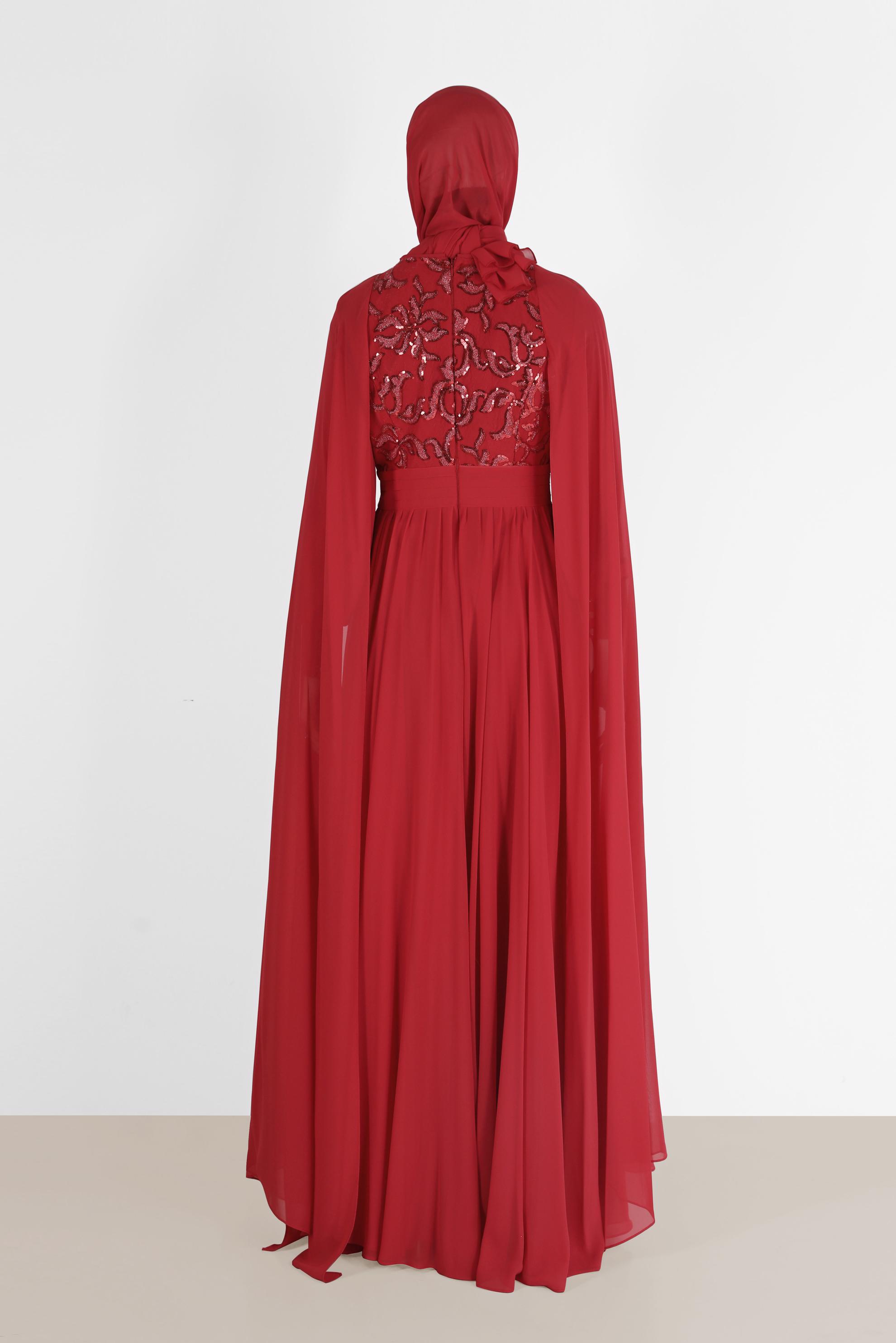 Tesettür giyim BORDO PUL İŞLEME DETAYLI TÜLLÜ ABİYE ELBİSE 5014 