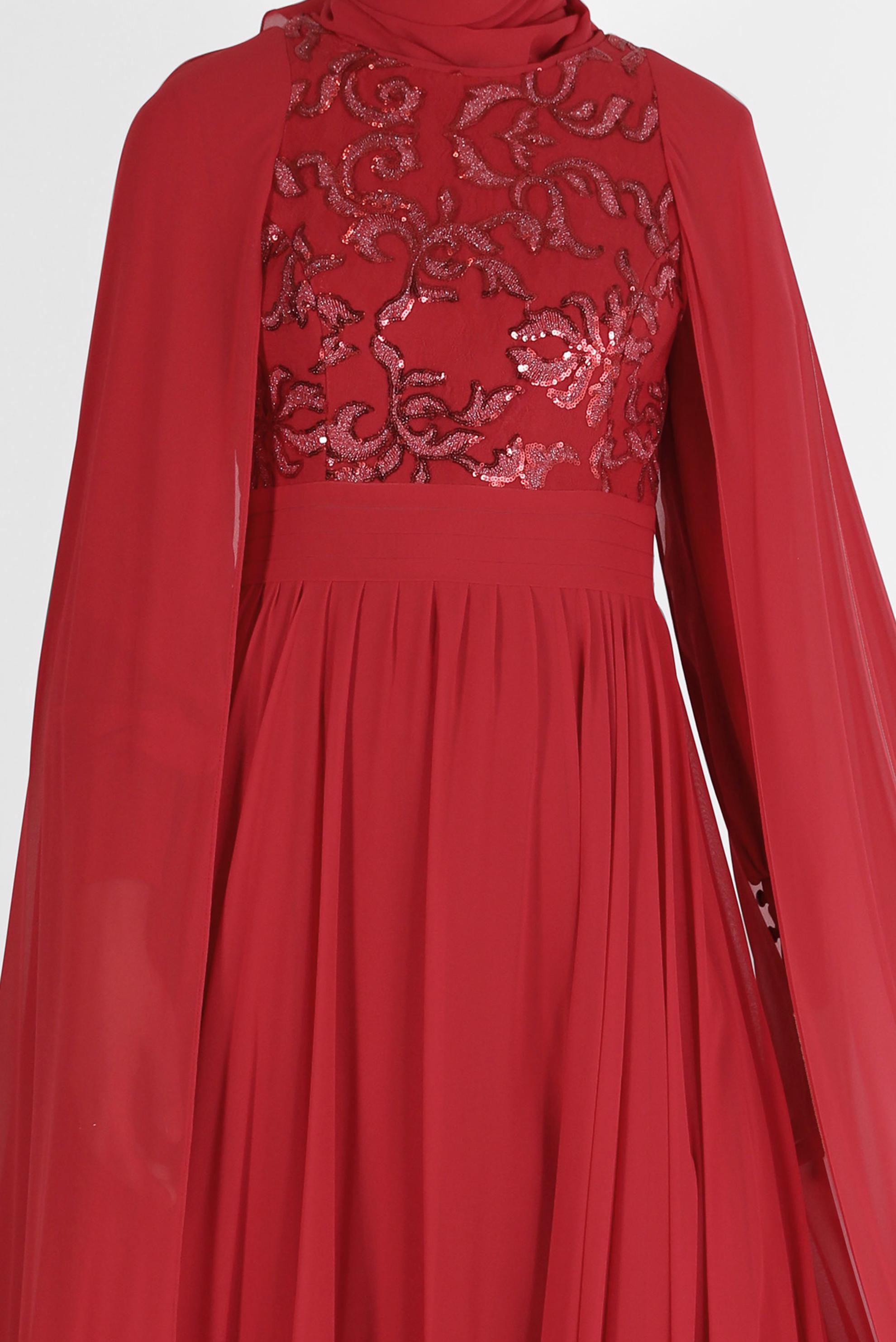 Tesettür giyim BORDO PUL İŞLEME DETAYLI TÜLLÜ ABİYE ELBİSE 5014 