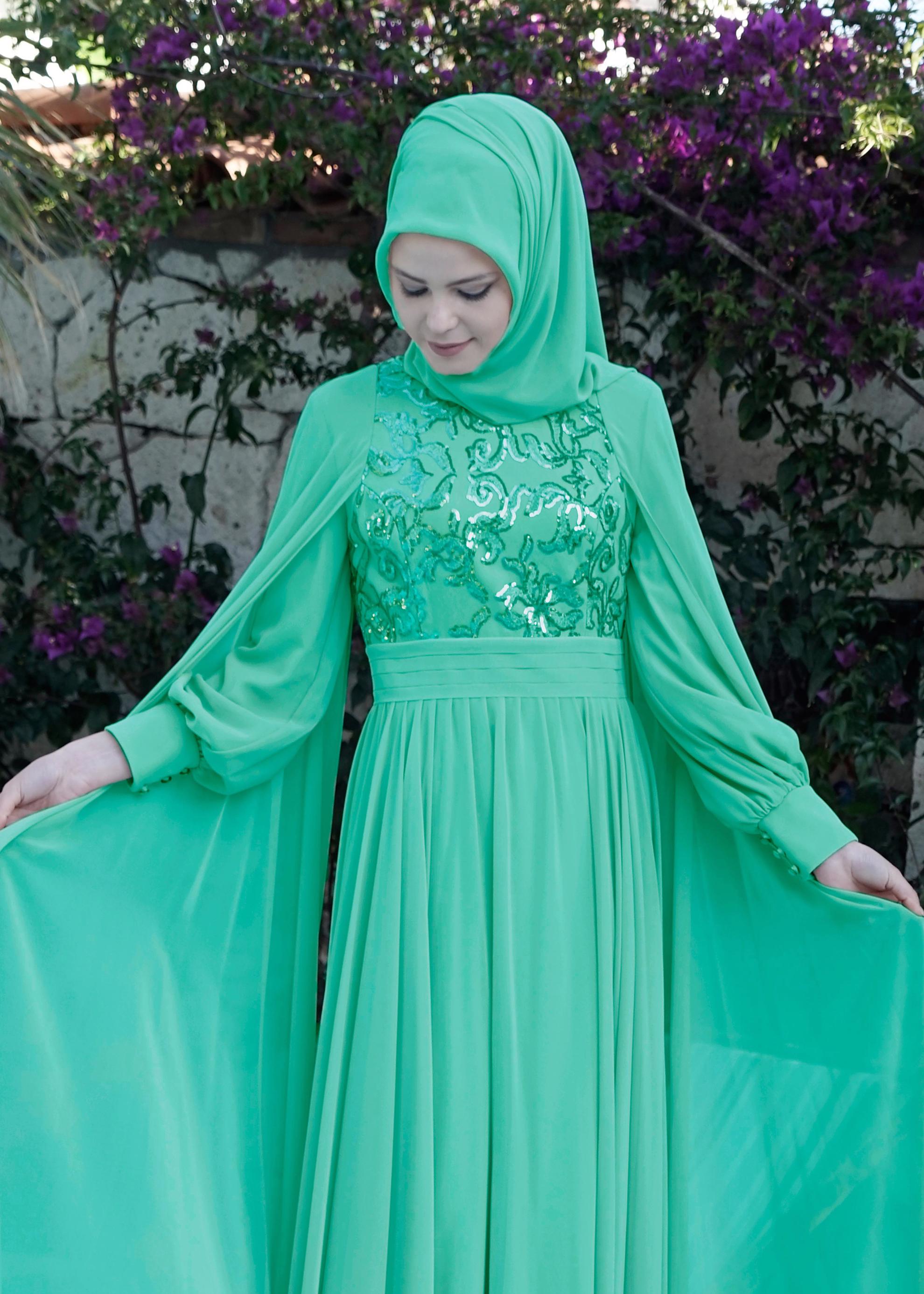Tesettür giyim YEŞİL PUL İŞLEME DETAYLI TÜLLÜ ABİYE ELBİSE 5014 