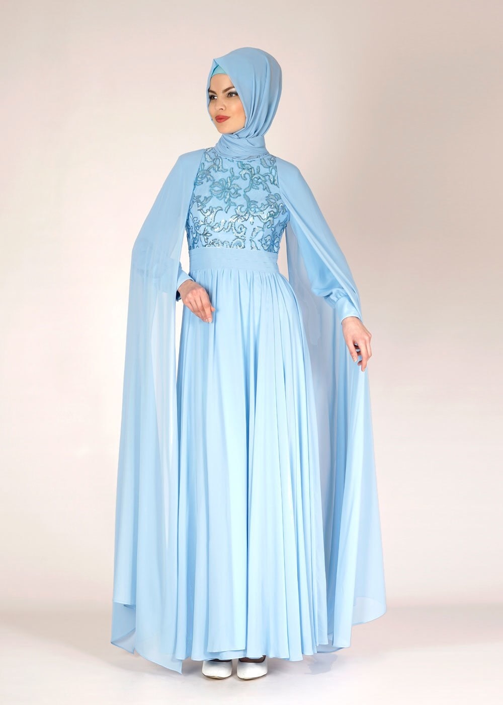 Tesettür giyim MAVİ PUL İŞLEME DETAYLI TÜLLÜ ABİYE ELBİSE 5014 