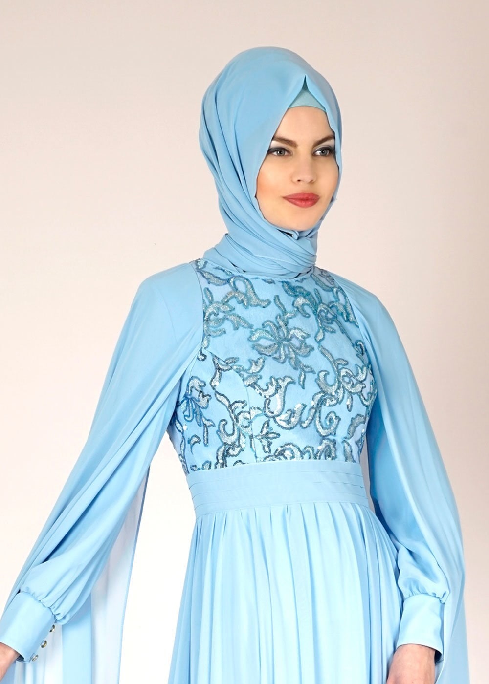 Tesettür giyim MAVİ PUL İŞLEME DETAYLI TÜLLÜ ABİYE ELBİSE 5014 