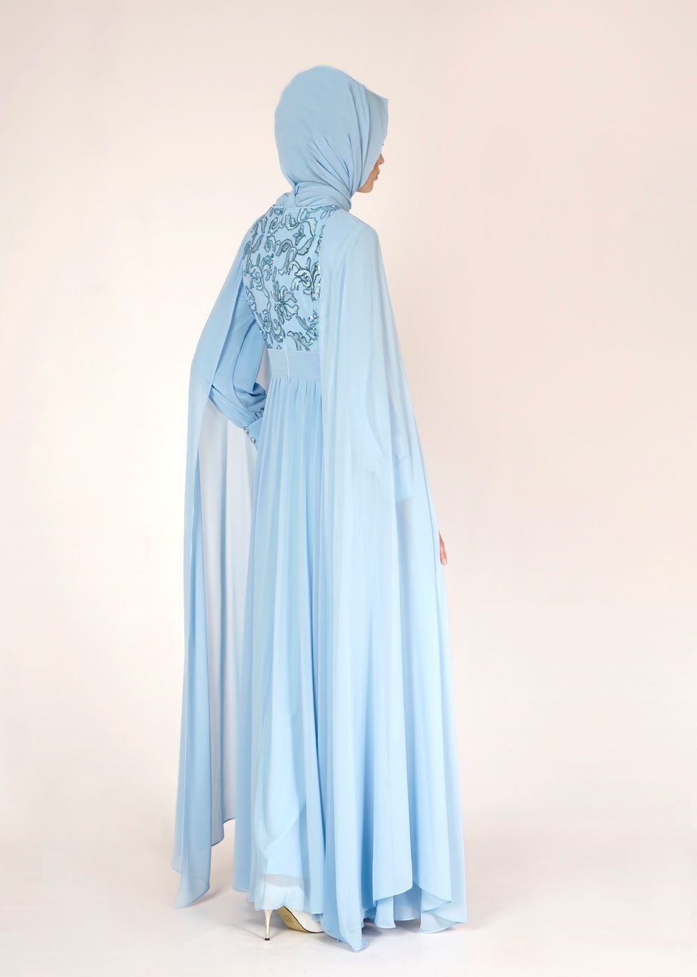 Tesettür giyim MAVİ PUL İŞLEME DETAYLI TÜLLÜ ABİYE ELBİSE 5014 