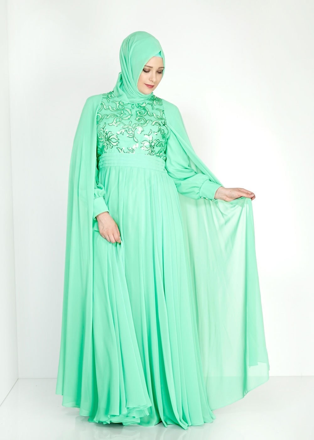 Tesettür giyim YEŞİL 5015 New Multi Şifon Tesettür Abiye
