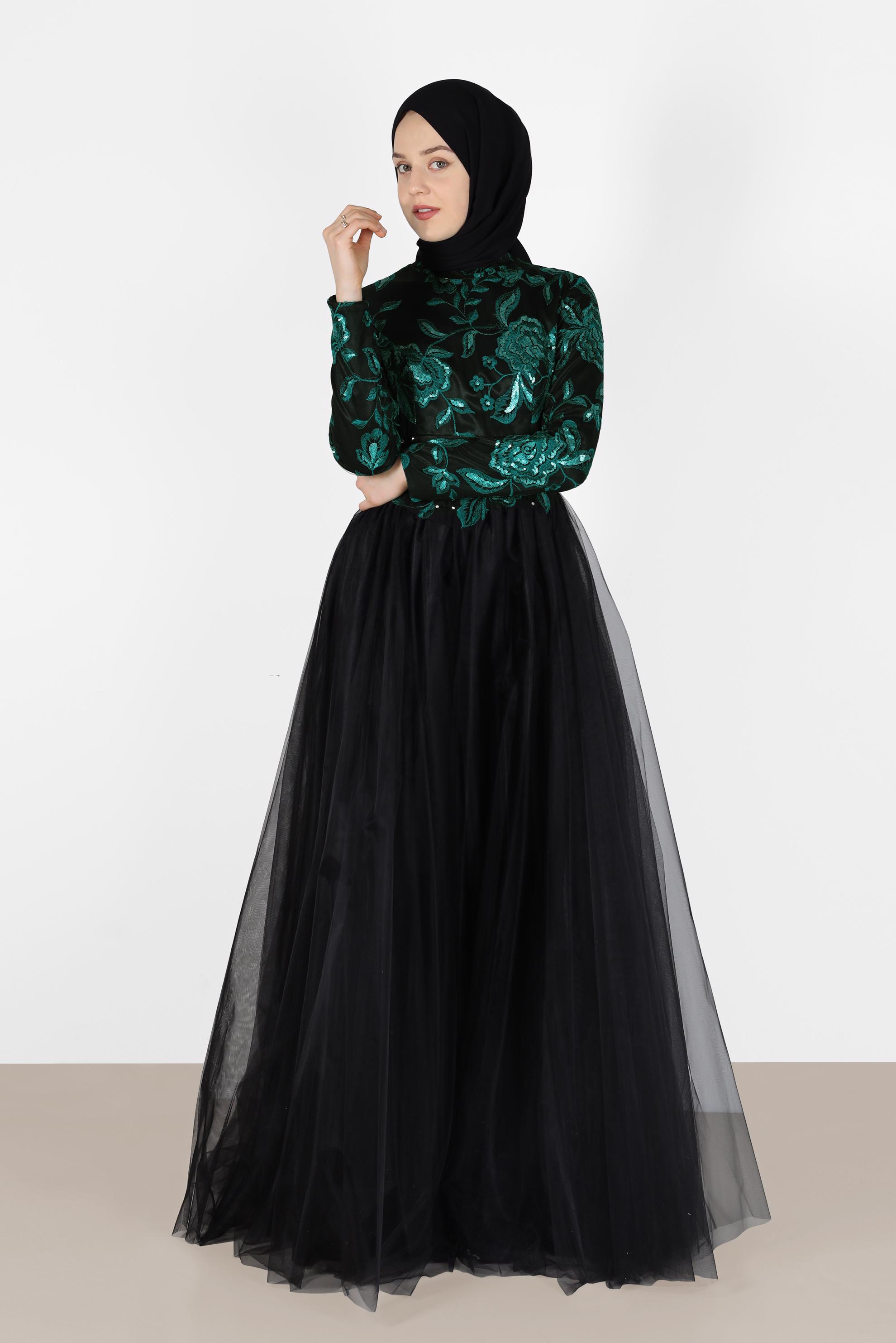 Tesettür giyim YEŞİL İŞLEME DETAYLI TÜLLÜ ABİYE ELBİSE 5017 