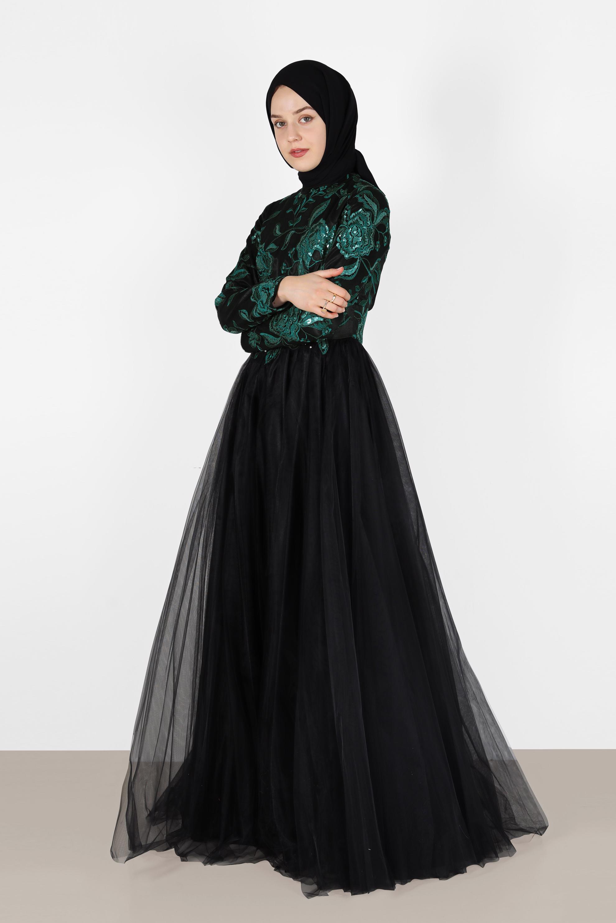 Tesettür giyim YEŞİL İŞLEME DETAYLI TÜLLÜ ABİYE ELBİSE 5017 