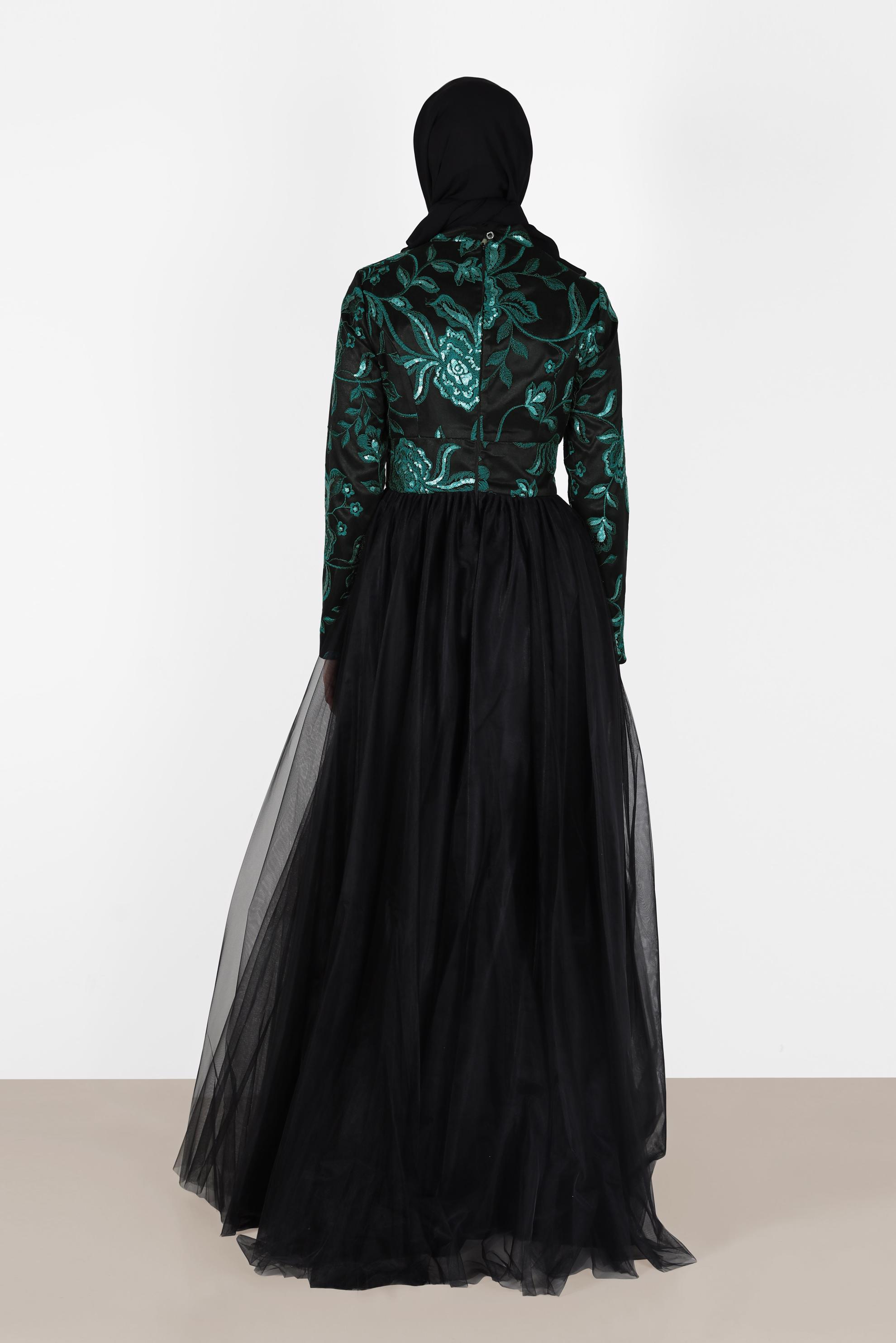 Tesettür giyim YEŞİL İŞLEME DETAYLI TÜLLÜ ABİYE ELBİSE 5017 