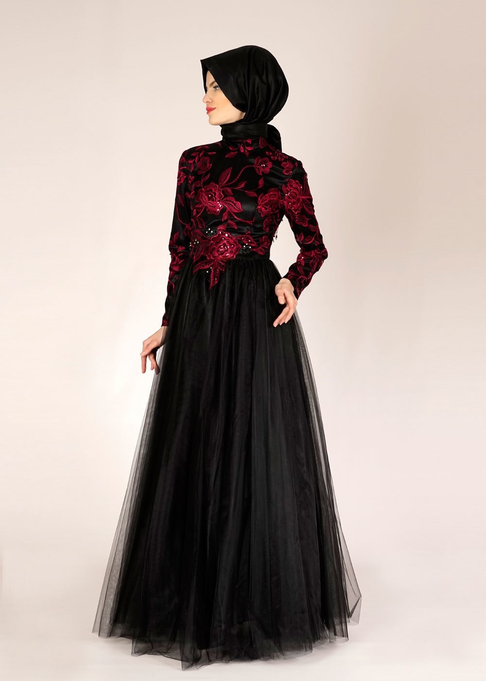 Tesettür giyim BORDO İŞLEME DETAYLI TÜLLÜ ABİYE ELBİSE 5017 