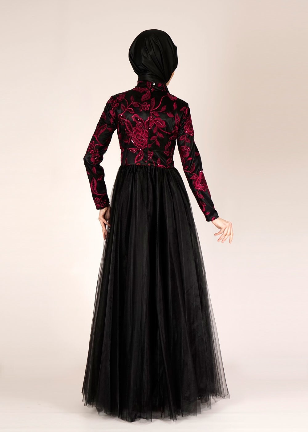 Tesettür giyim BORDO İŞLEME DETAYLI TÜLLÜ ABİYE ELBİSE 5017 