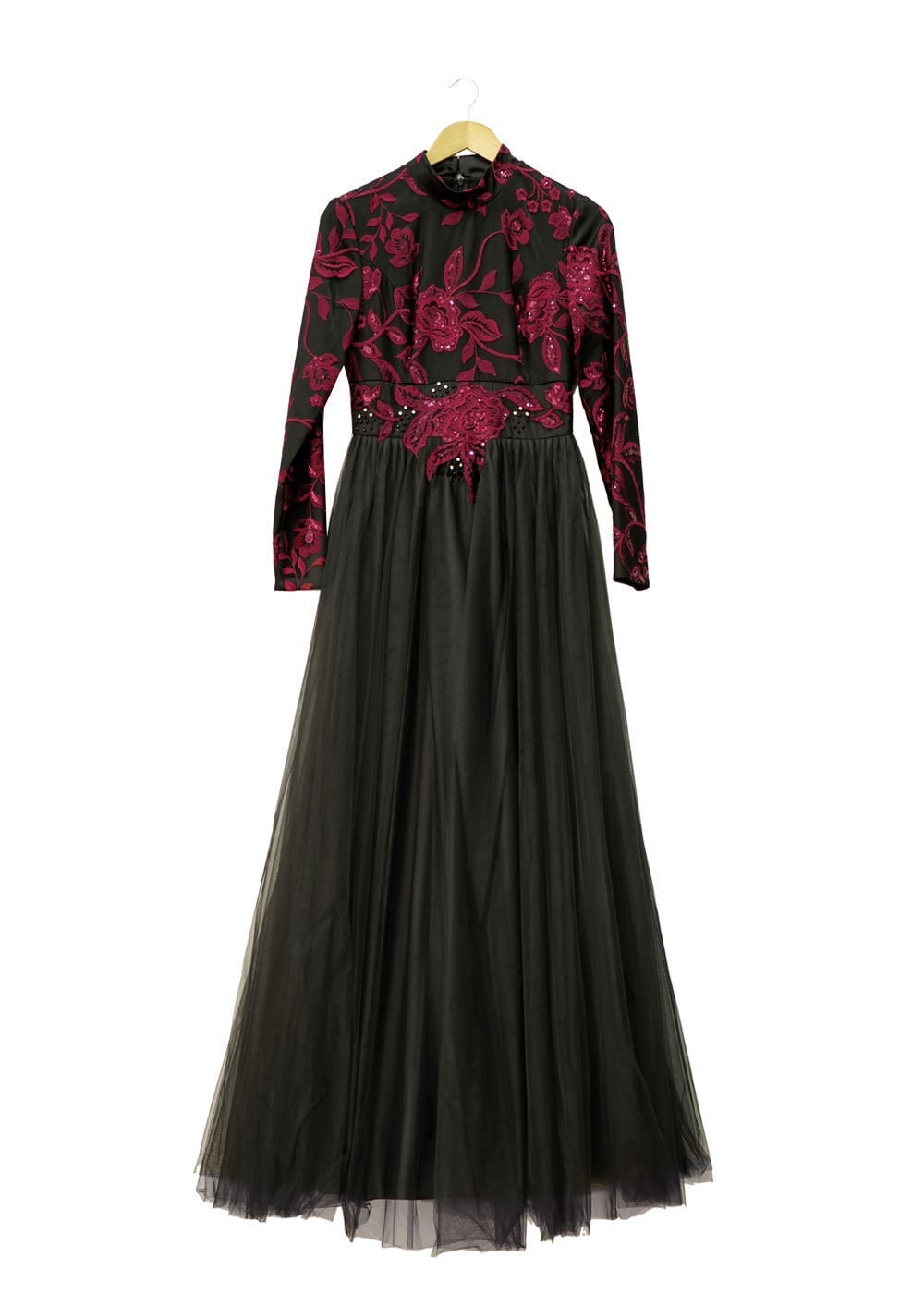 Tesettür giyim BORDO İŞLEME DETAYLI TÜLLÜ ABİYE ELBİSE 5017 