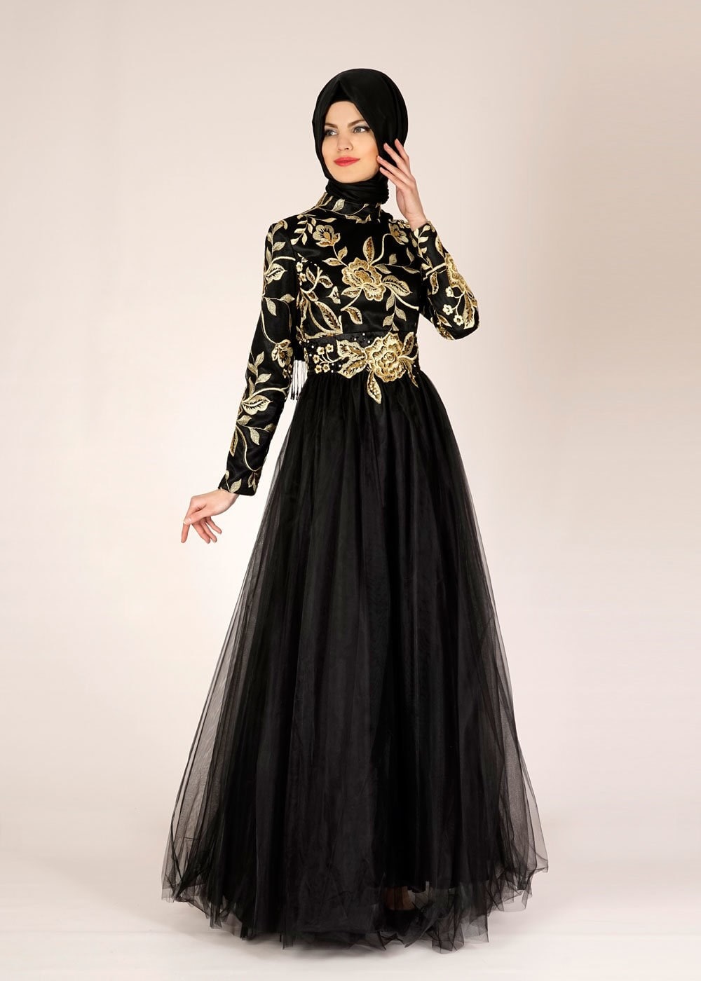 Tesettür giyim ALTIN İŞLEME DETAYLI TÜLLÜ ABİYE ELBİSE 5017 