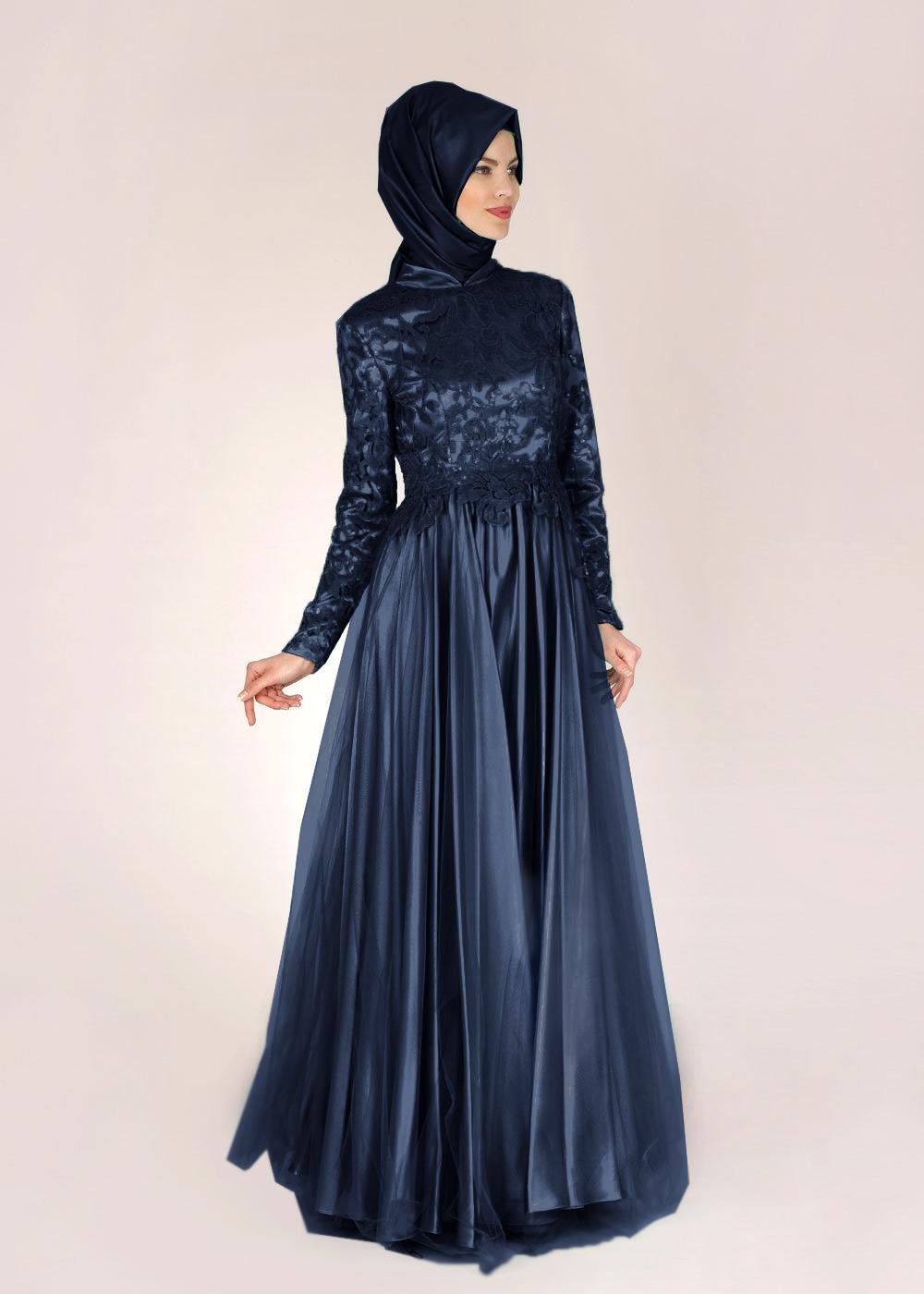 Tesettür giyim LACİVERT PUL PAYET İŞLEMELİ ABİYE ELBİSE 5018