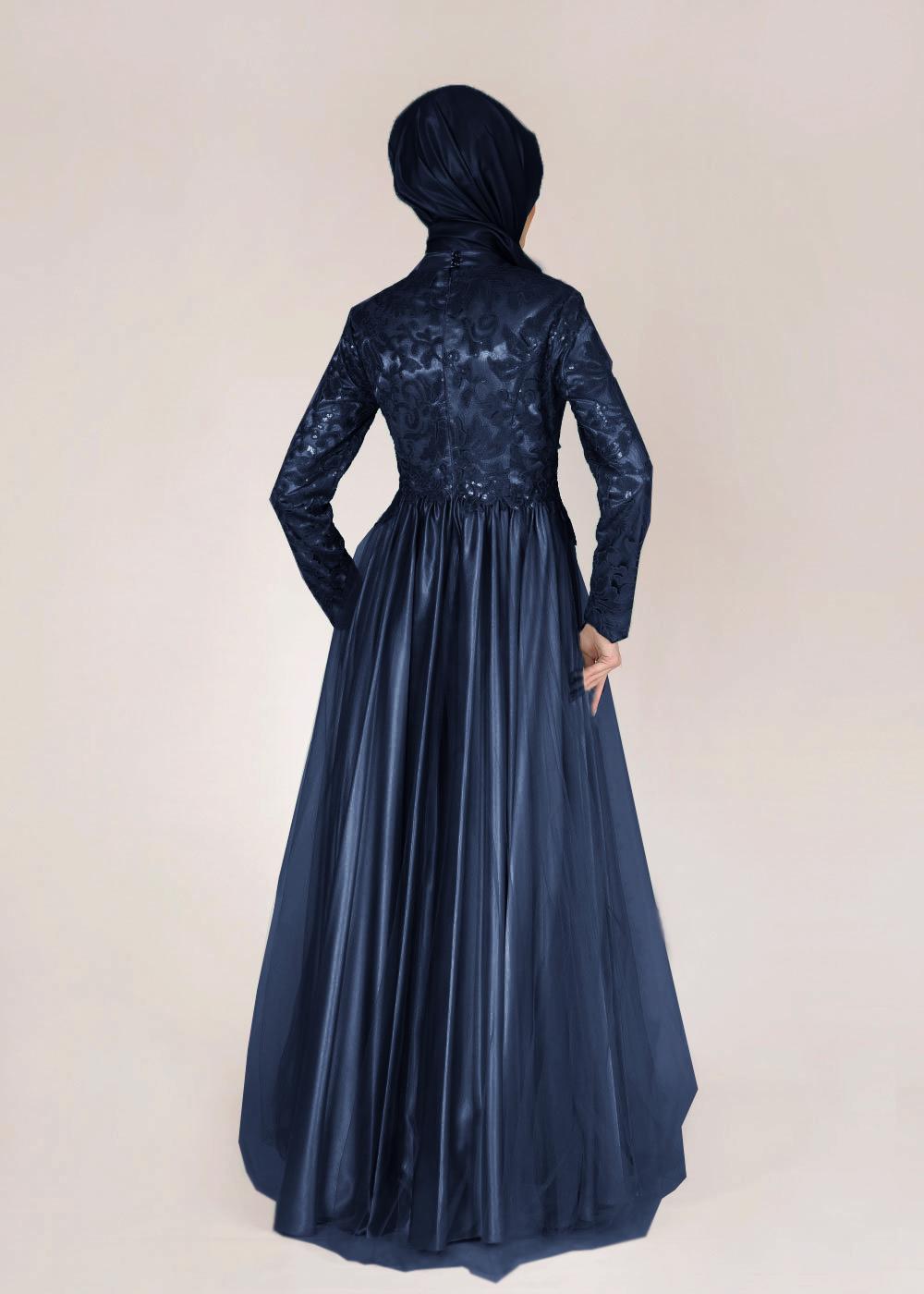 Tesettür giyim LACİVERT PUL PAYET İŞLEMELİ ABİYE ELBİSE 5018