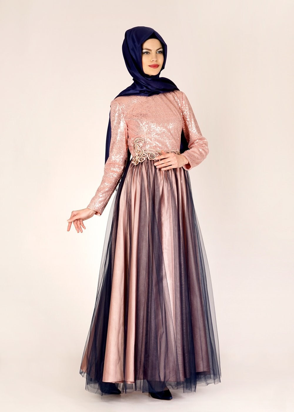 Tesettür giyim PUDRA PUL PAYET İŞLEMELİ PİLİSELİ ABİYE ELBİSE 5019