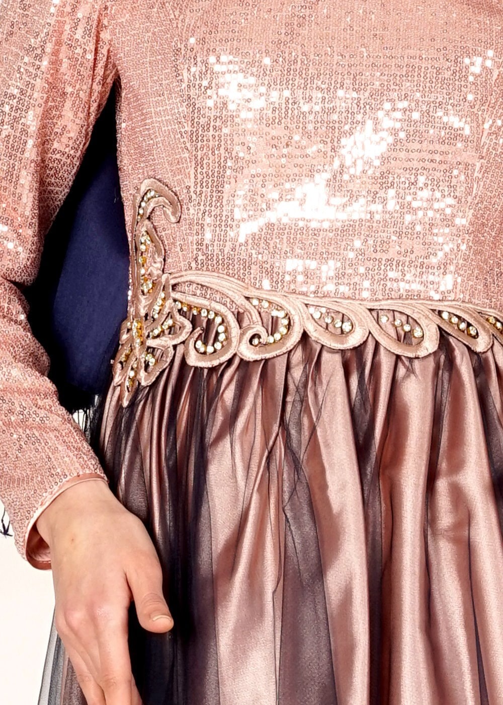 Tesettür giyim PUDRA PUL PAYET İŞLEMELİ PİLİSELİ ABİYE ELBİSE 5019