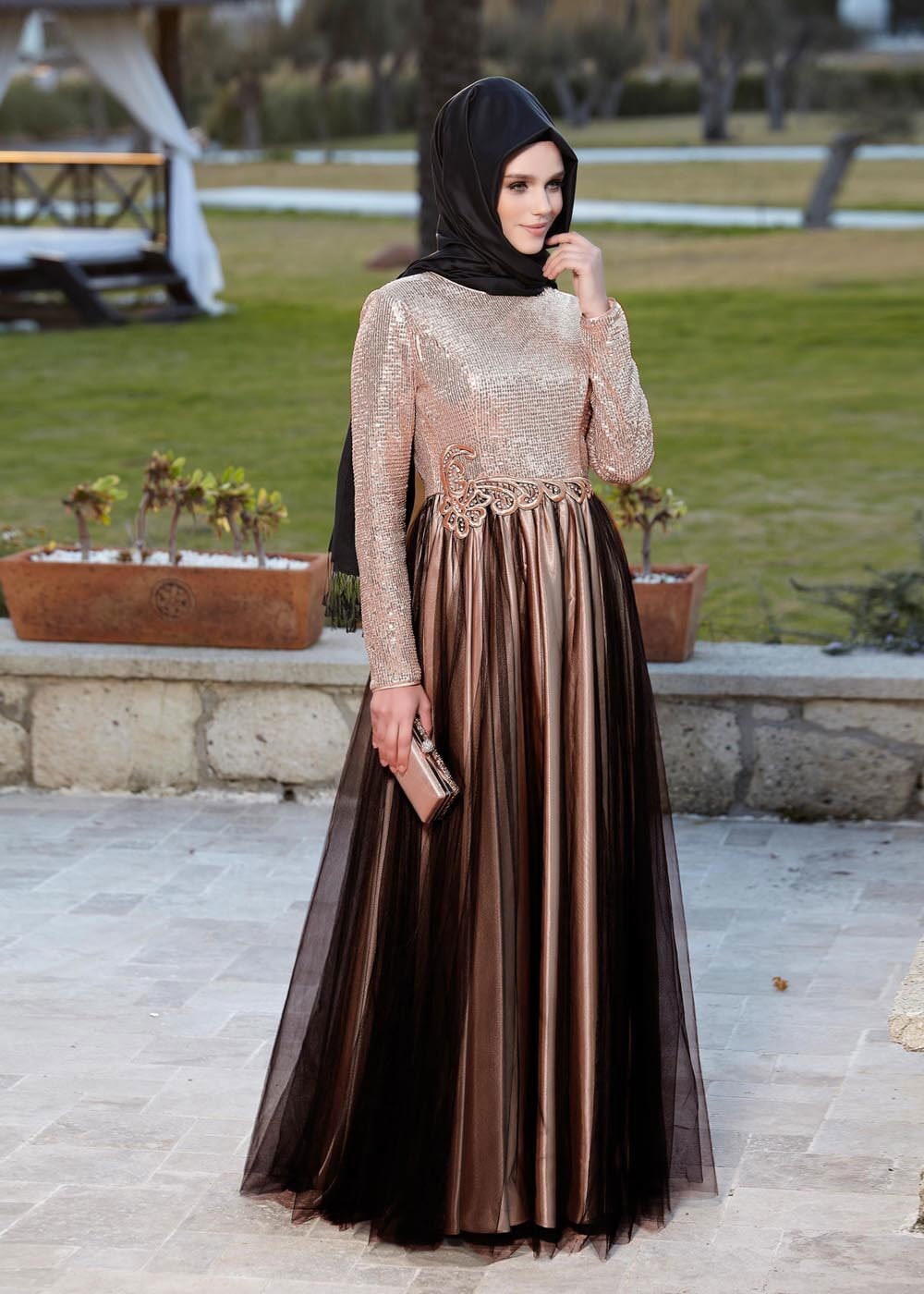 Tesettür giyim PUDRA PUL PAYET İŞLEMELİ PİLİSELİ ABİYE ELBİSE 5019