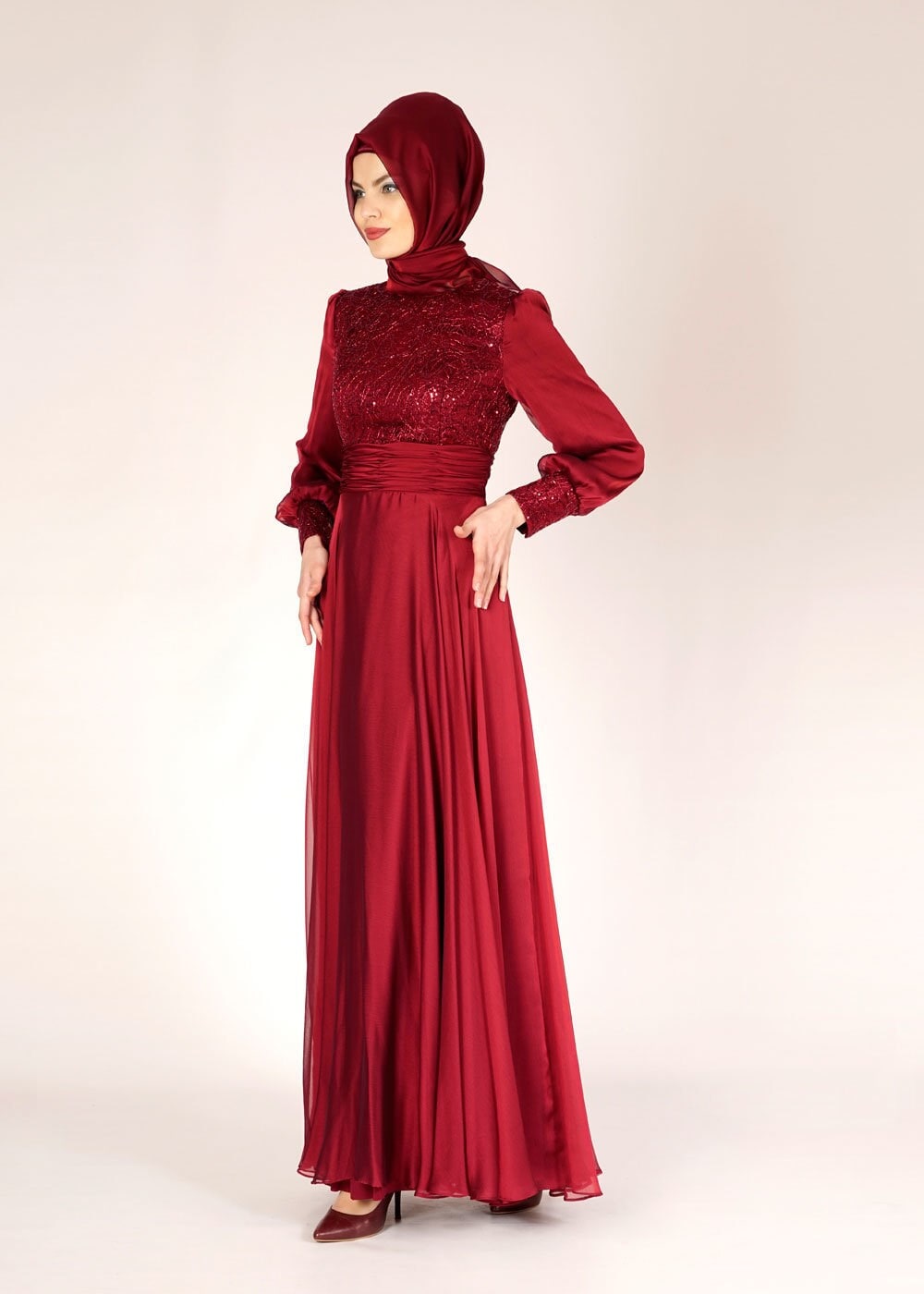 Tesettür giyim BORDO 5020 FRANSIZ ŞİFON ABİYE 38/42