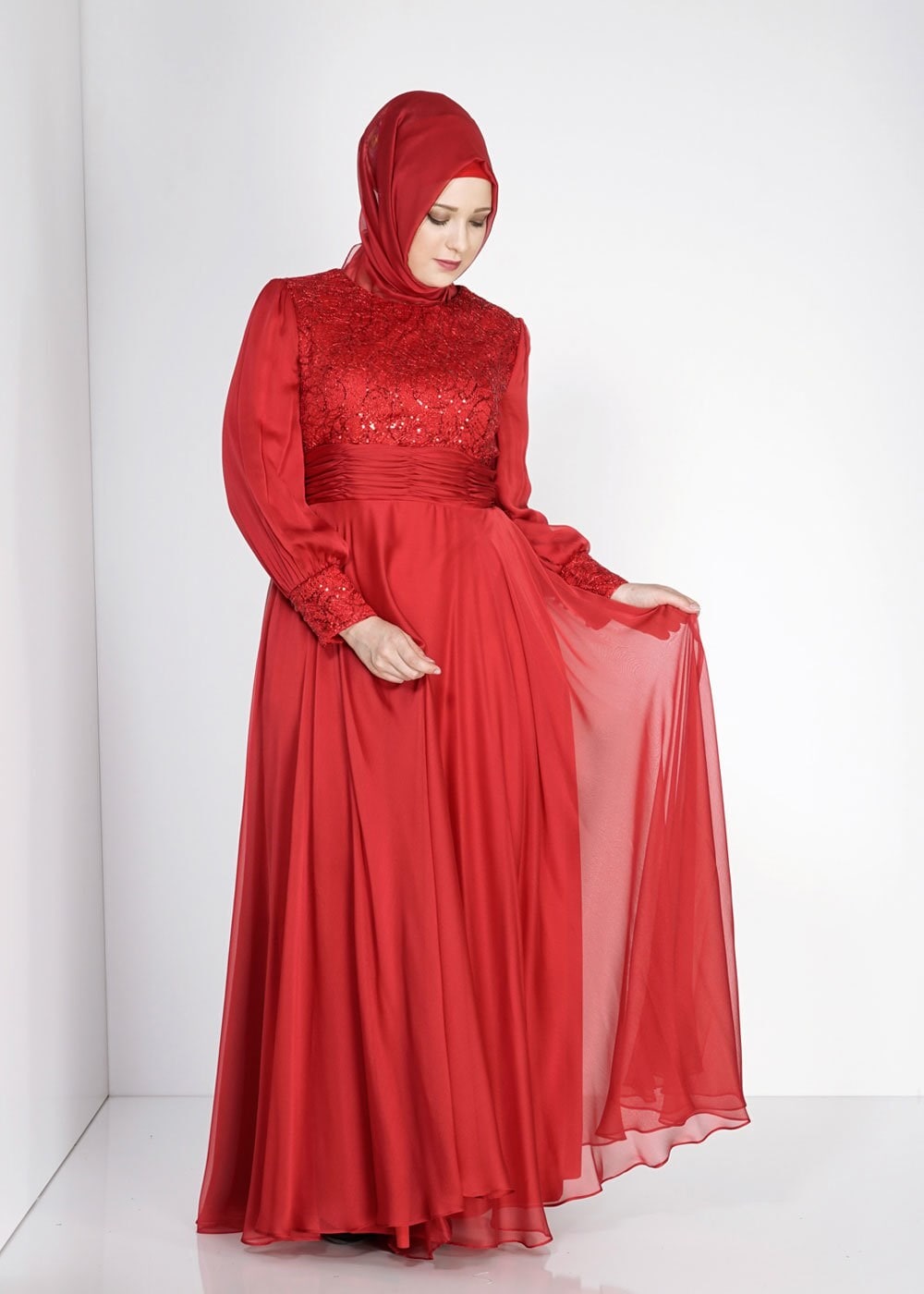 Tesettür giyim KIRMIZI 5021 Fransız Şifon Tesettür Abiye