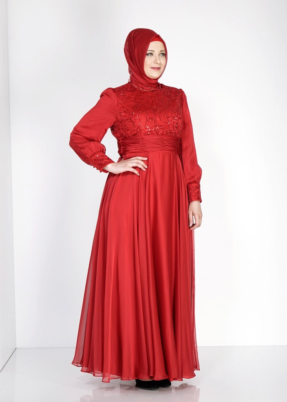 Tesettür giyim KIRMIZI 5021 Fransız Şifon Tesettür Abiye